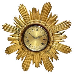 Gilded Vintage Mid-Century Sunburst Starburst Wall Clock, Germany, 1960s