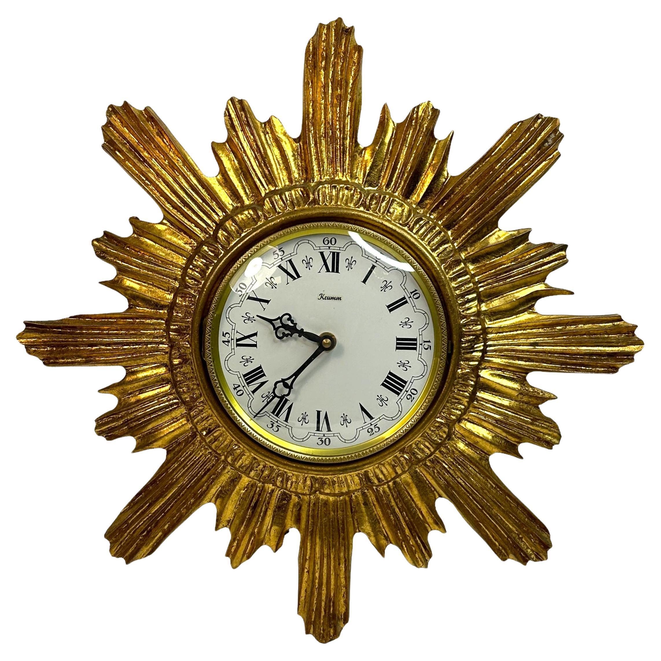 Gilded Vintage Mid-Century Sunburst Starburst Wall Clock, Germany, 1960s