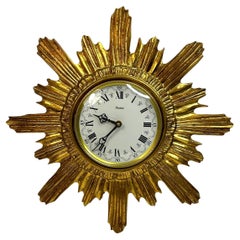 Gilded Retro Mid-Century Sunburst Starburst Wall Clock, Germany, 1960s