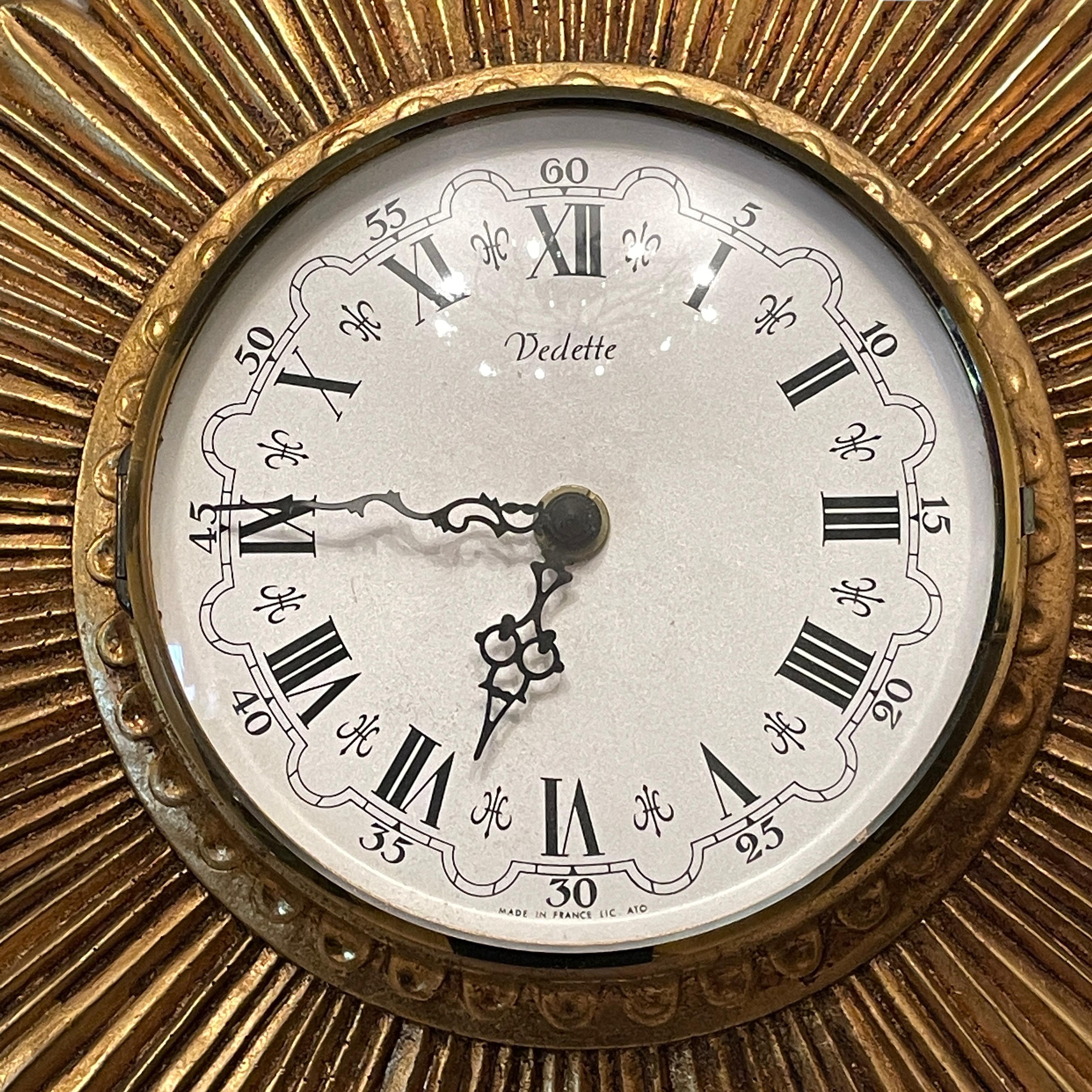 Gilded Vintage Mid-Century Sunburst Starburst Wall Clock Vedette France 1970s 2