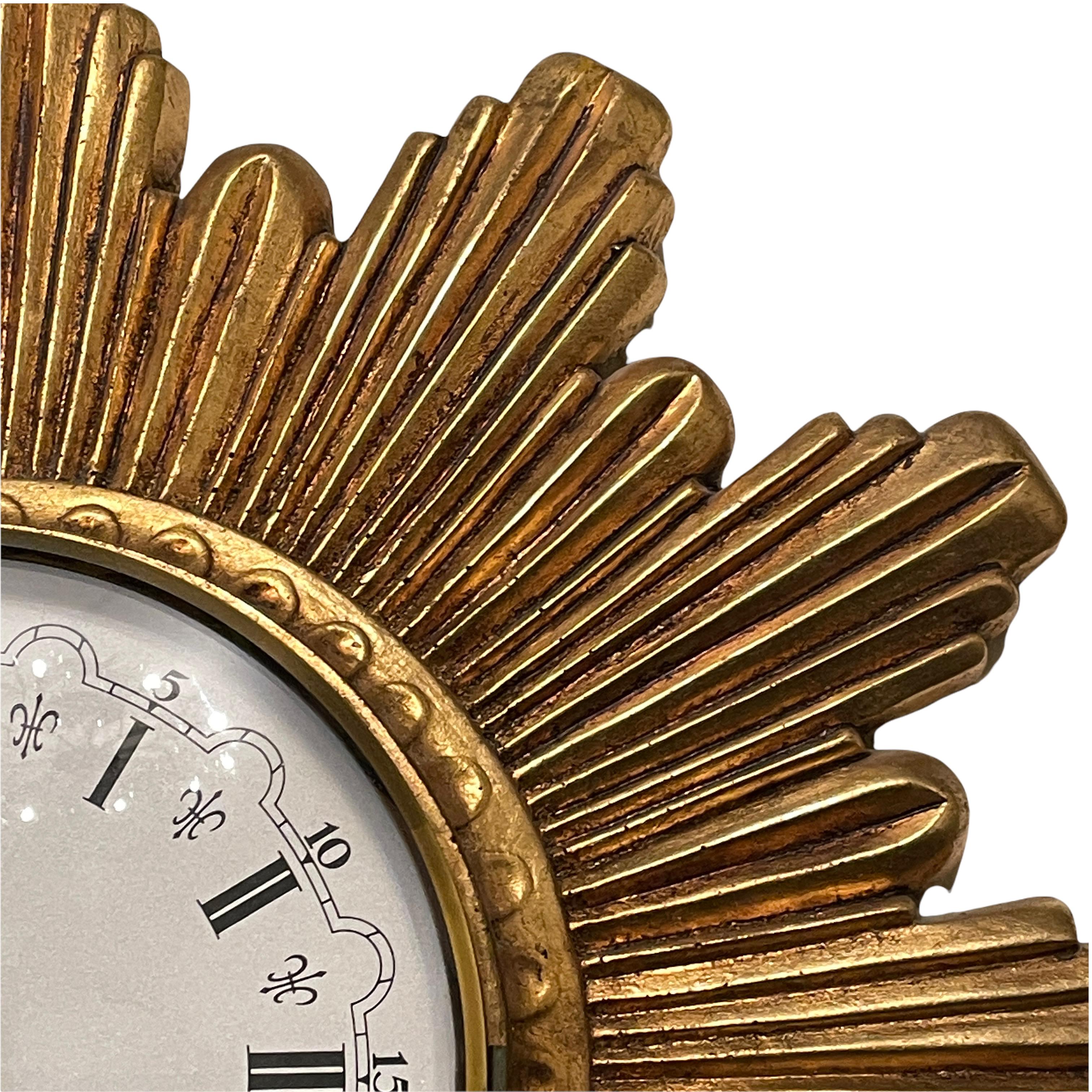French Gilded Vintage Mid-Century Sunburst Starburst Wall Clock Vedette France 1970s