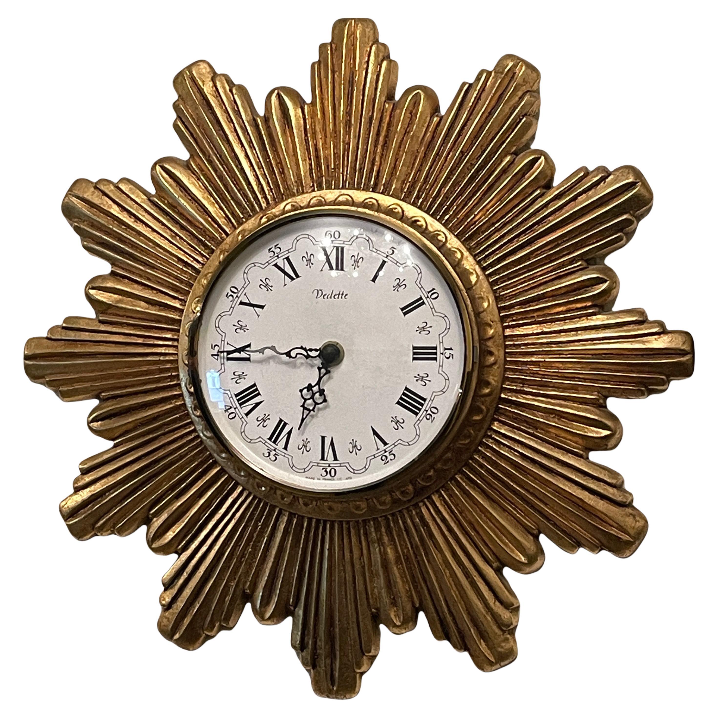 Gilded Vintage Mid-Century Sunburst Starburst Wall Clock Vedette France 1970s