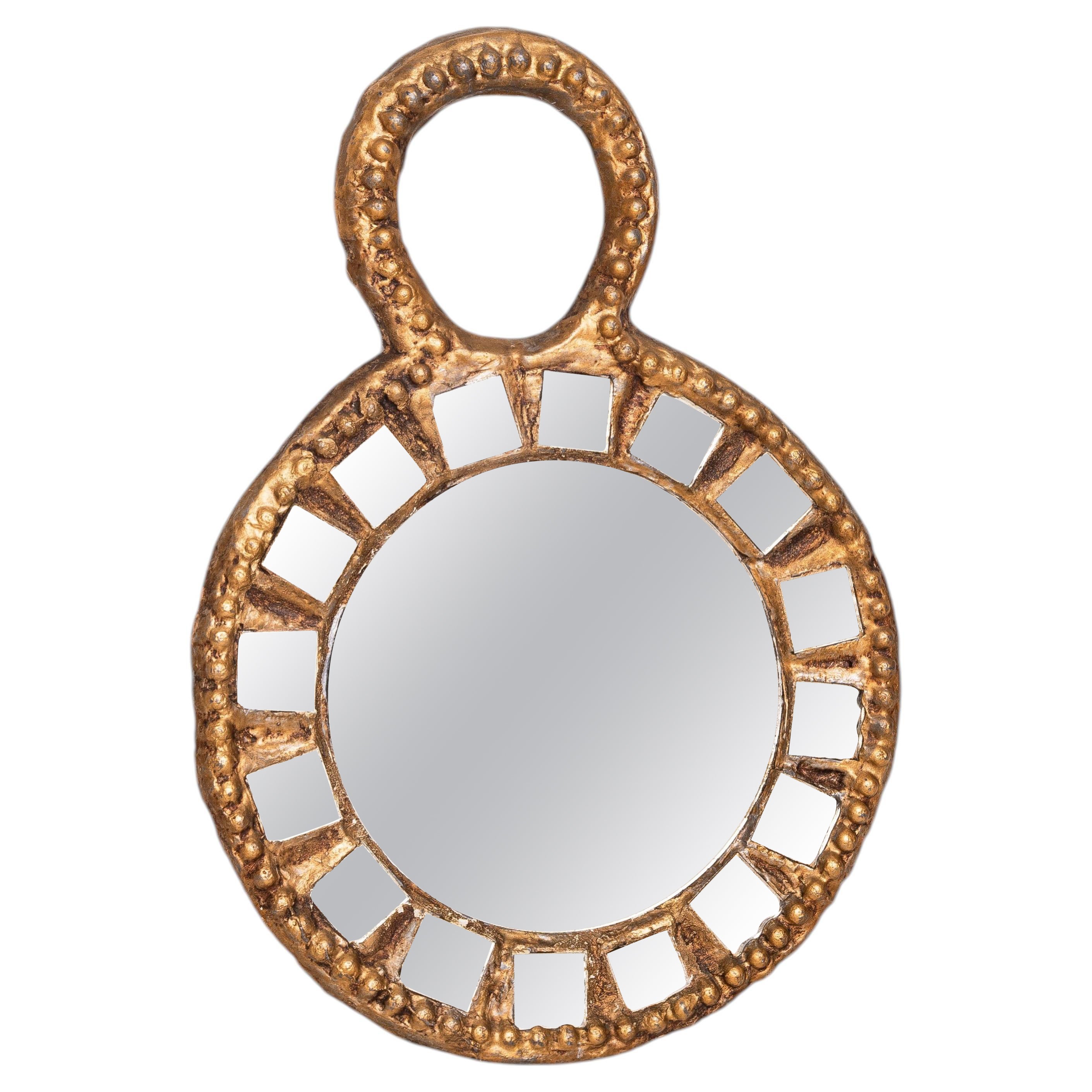 Gilded Round Wall Mirror by Irena Jaworska, Glass & Gold Leaf, Mid-Century 1970s