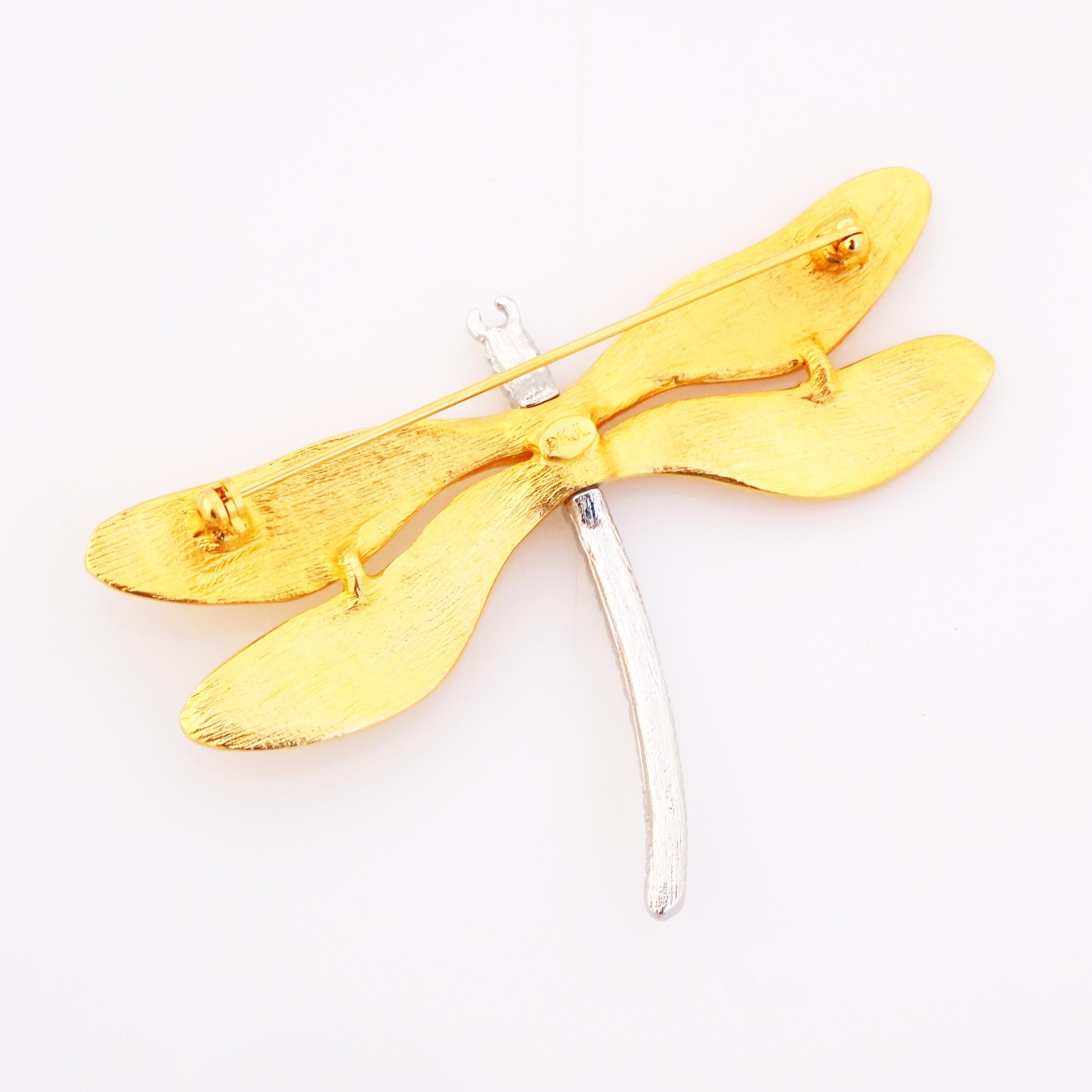 Modern Gilded Winged Dragonfly Figural Brooch With Crystals By Kenneth Jay Lane, 1980s