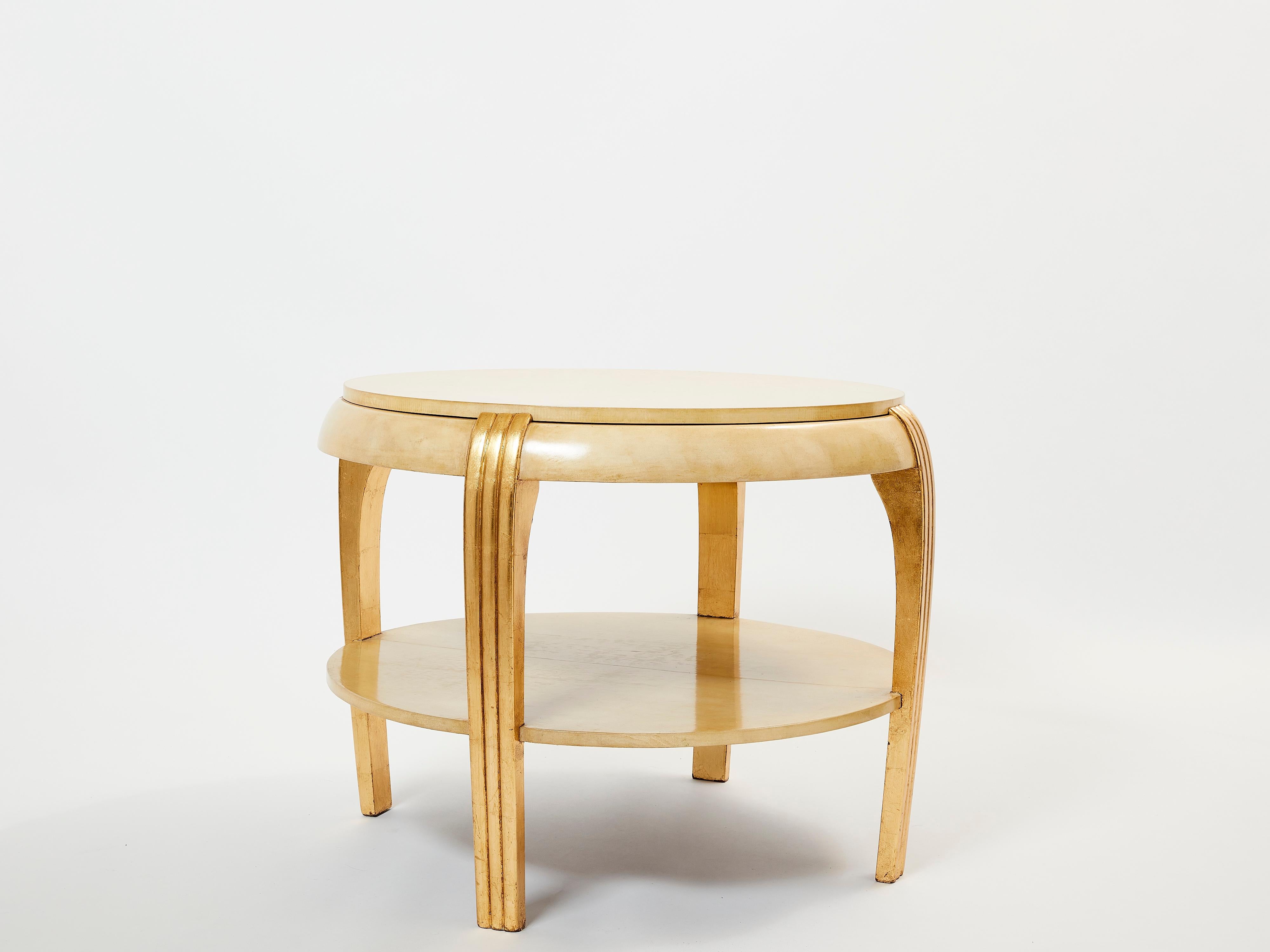 Attr. Table guéridon Maurice Dufrène en bois doré et parchemin années 1930 en vente 5
