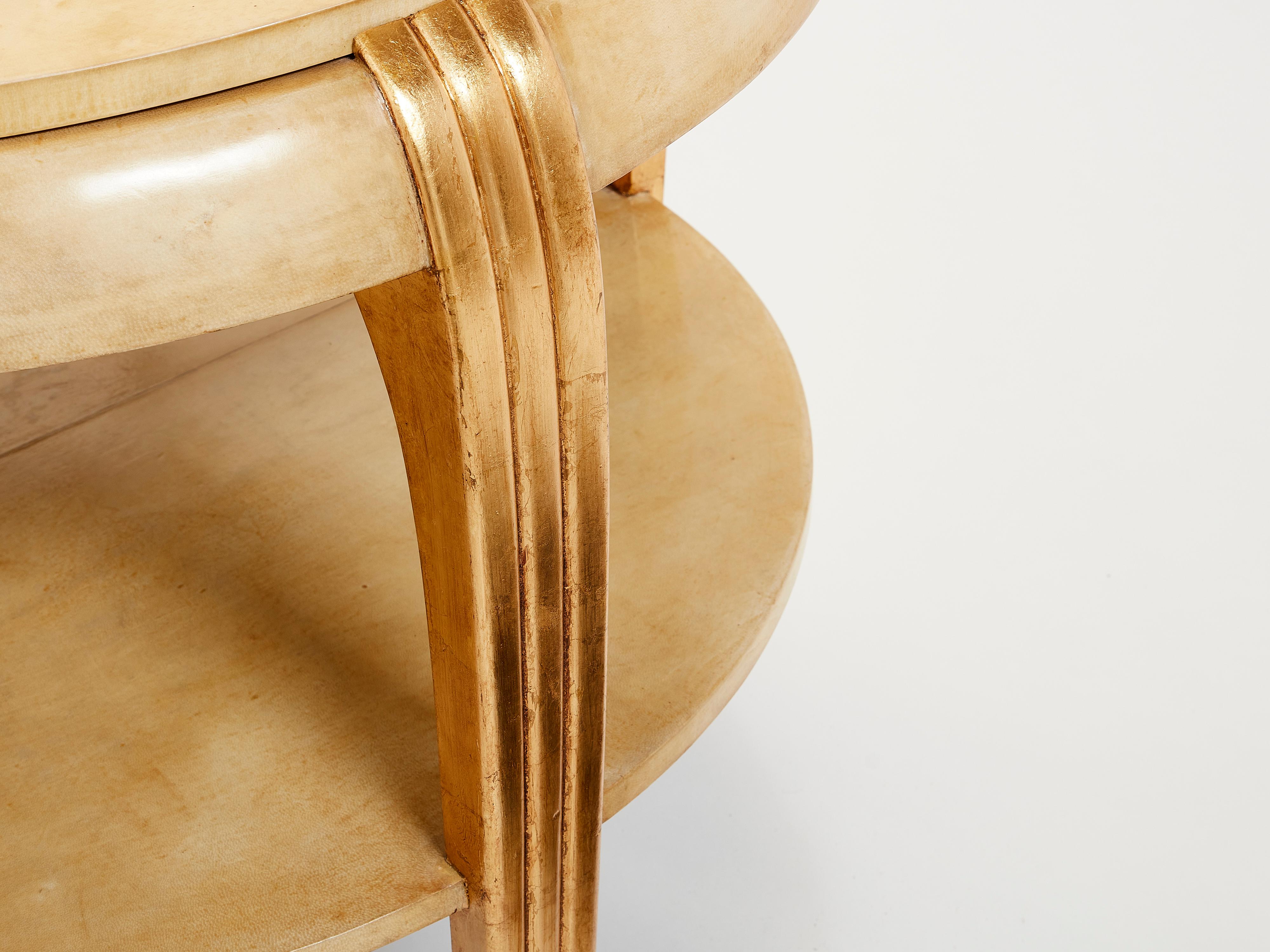 Mid-Century Modern Attr. Table guéridon Maurice Dufrène en bois doré et parchemin années 1930 en vente