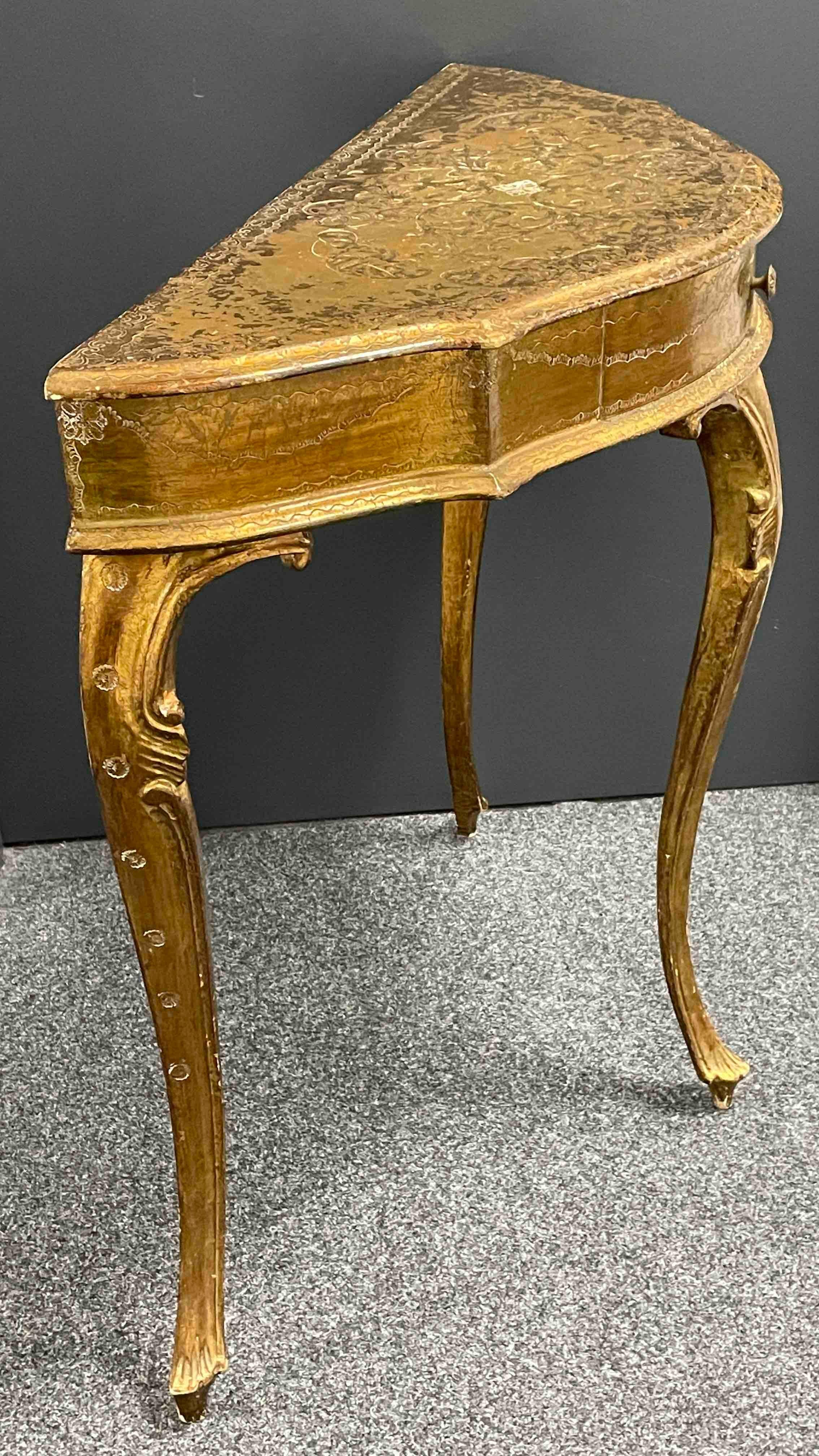 Gilded Wood Florentine Hollywood Regency Style Tole Console Table with Drawer For Sale 8