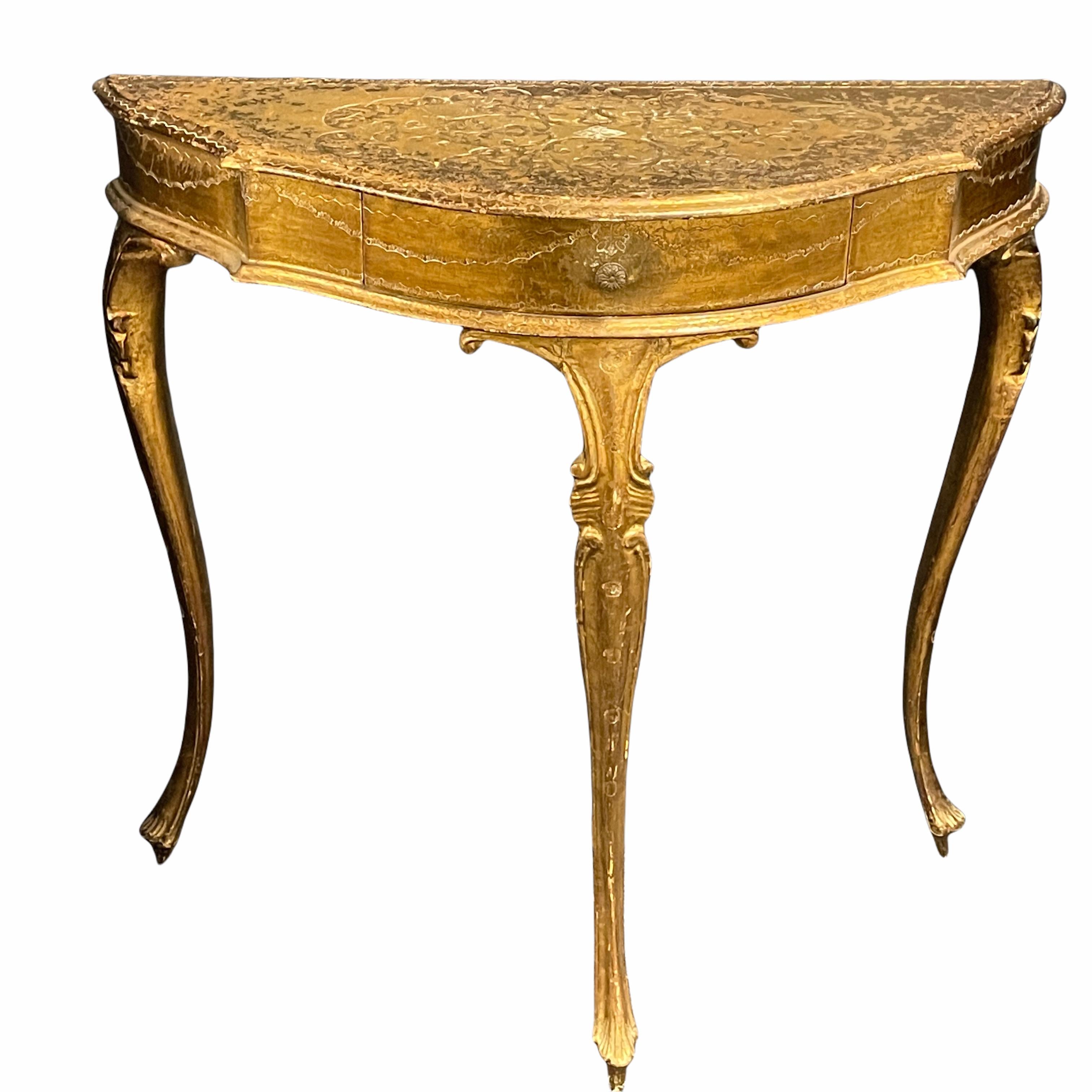 Beautiful Florentine Italian painted table with drawers. Perfect as a bedside table, next to a reading chair or used a small vanity table. It could also be great at the end of a narrow hallway with a mirror or artwork hung above it. The piece is in