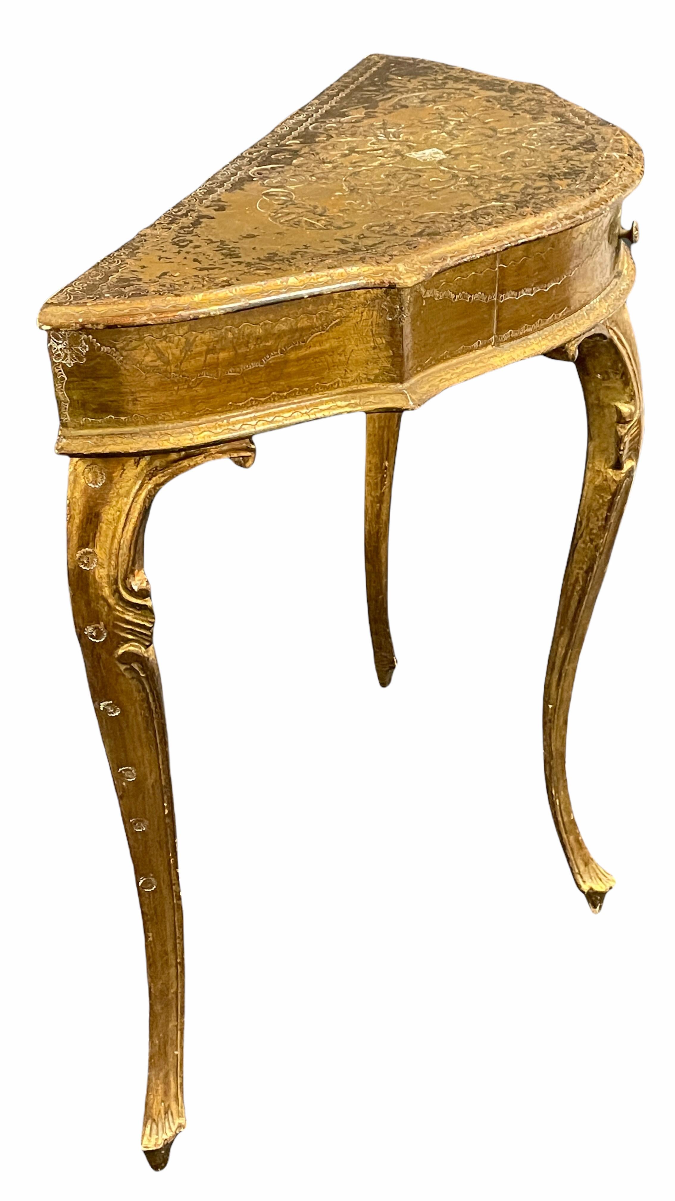 Mid-Century Modern Table console en bois doré de style florentin Hollywood Regency avec tiroir en vente