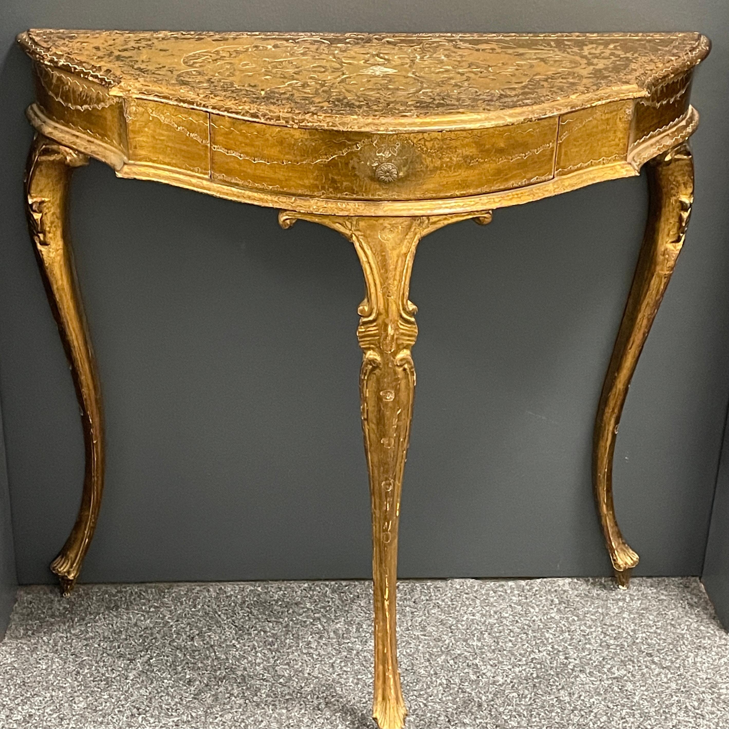 italien Table console en bois doré de style florentin Hollywood Regency avec tiroir en vente