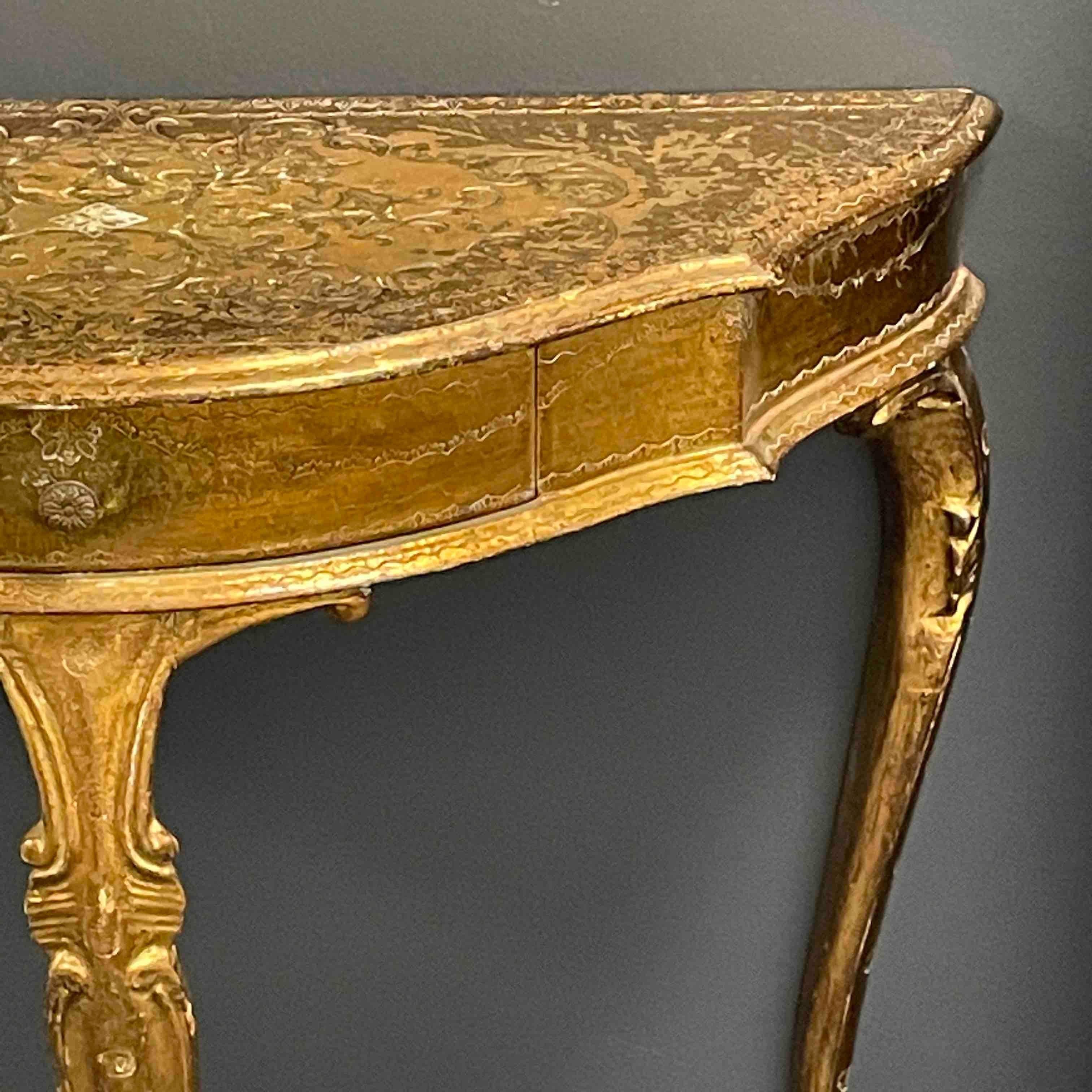 Mid-20th Century Gilded Wood Florentine Hollywood Regency Style Tole Console Table with Drawer For Sale
