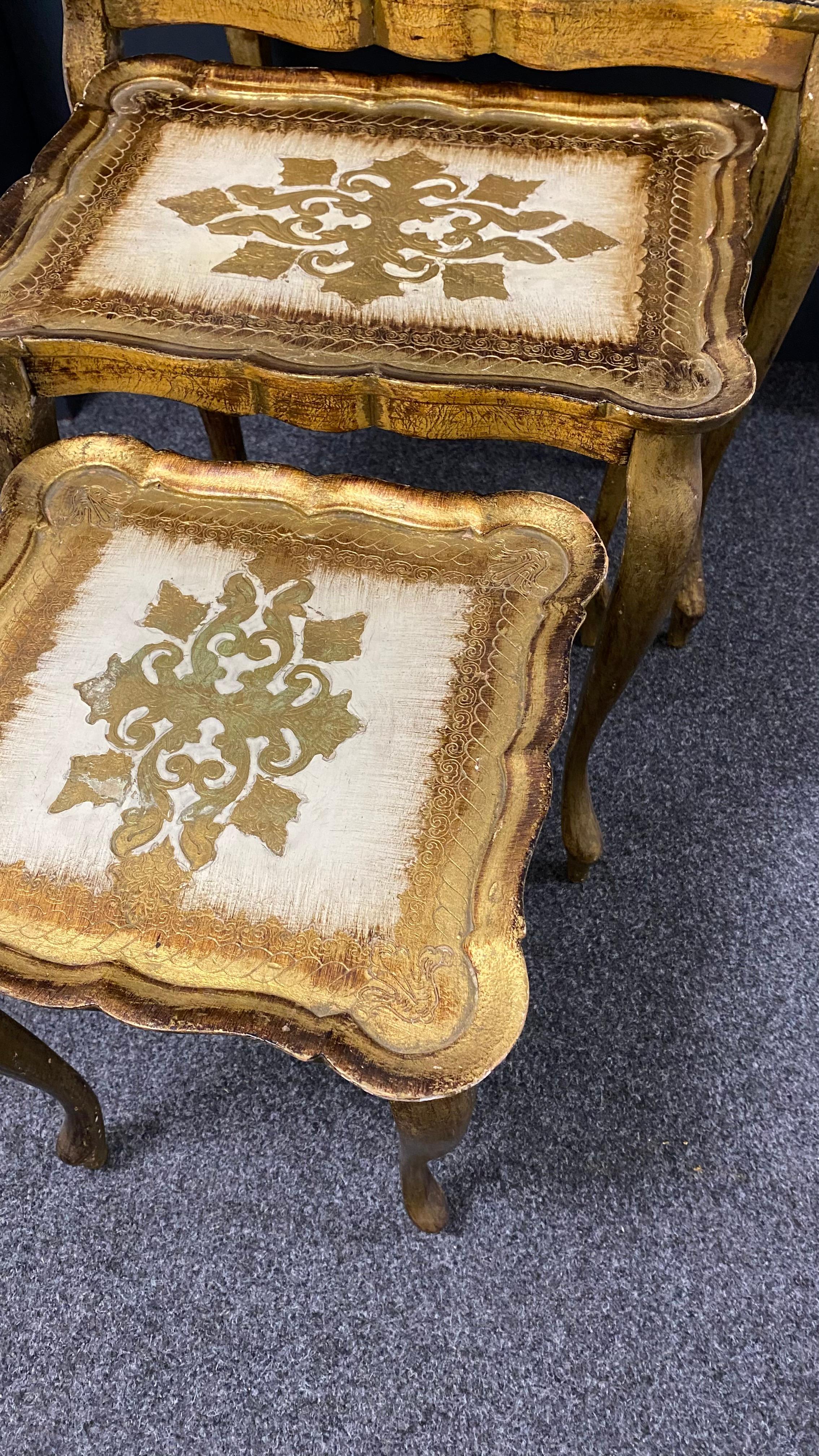 Gilded Wood Florentine Hollywood Regency Style Tole Set of Three Nesting Tables 2