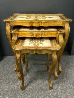 Gilded Wood Florentine Hollywood Regency Style Tole Set of Three Nesting Tables