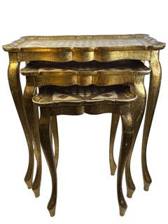 Gilded Wood Florentine Hollywood Regency Style Tole Set of Three Nesting Tables