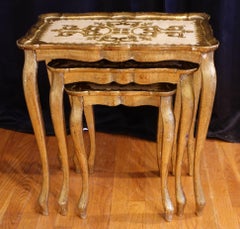 Gilded Wood Florentine Hollywood Regency Style Tole Set of Three Nesting Tables