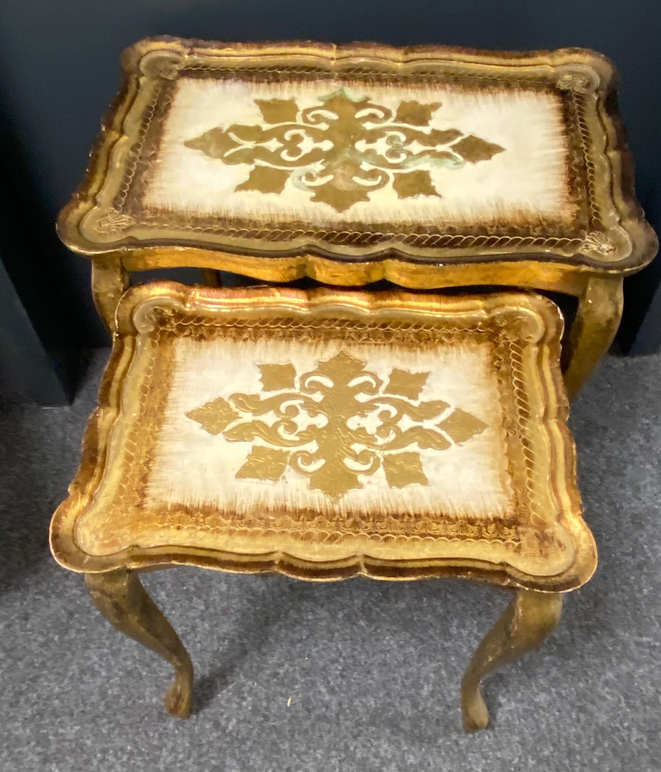 Gilt Gilded Wood Florentine Hollywood Regency Style Tole Set of Three Nesting Tables