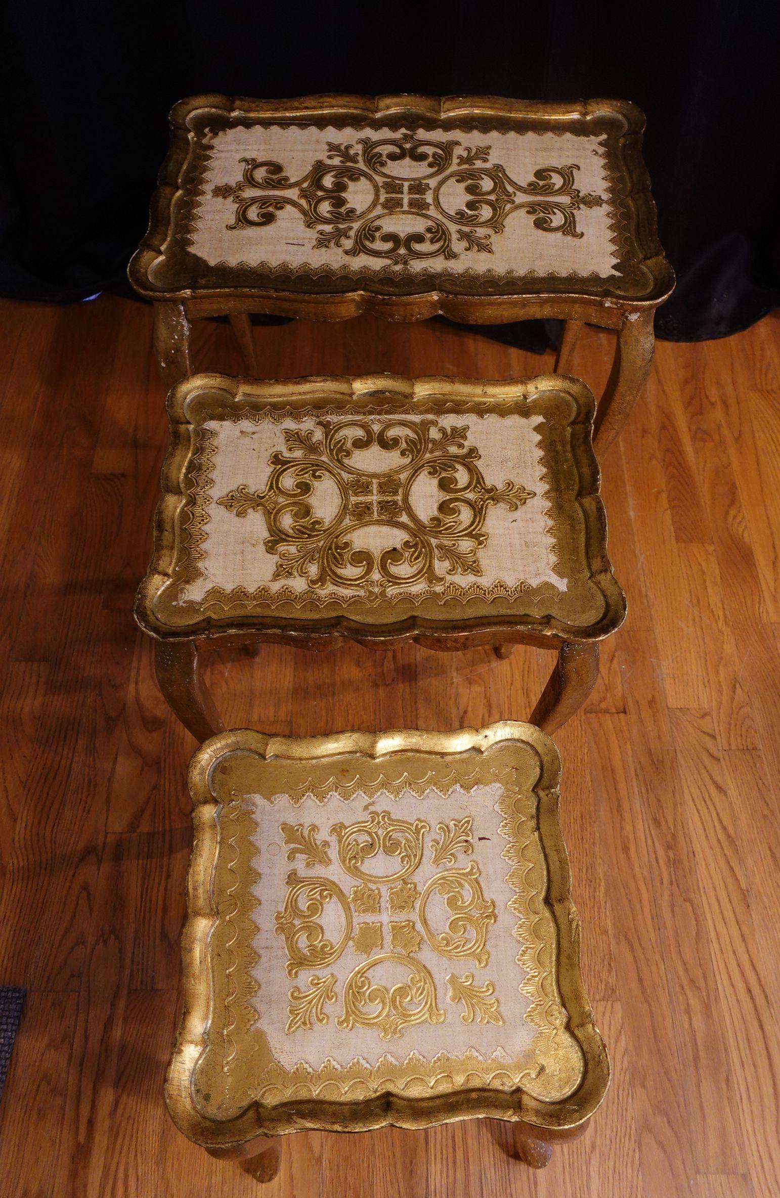 American Gilded Wood Florentine Hollywood Regency Style Tole Set of Three Nesting Tables