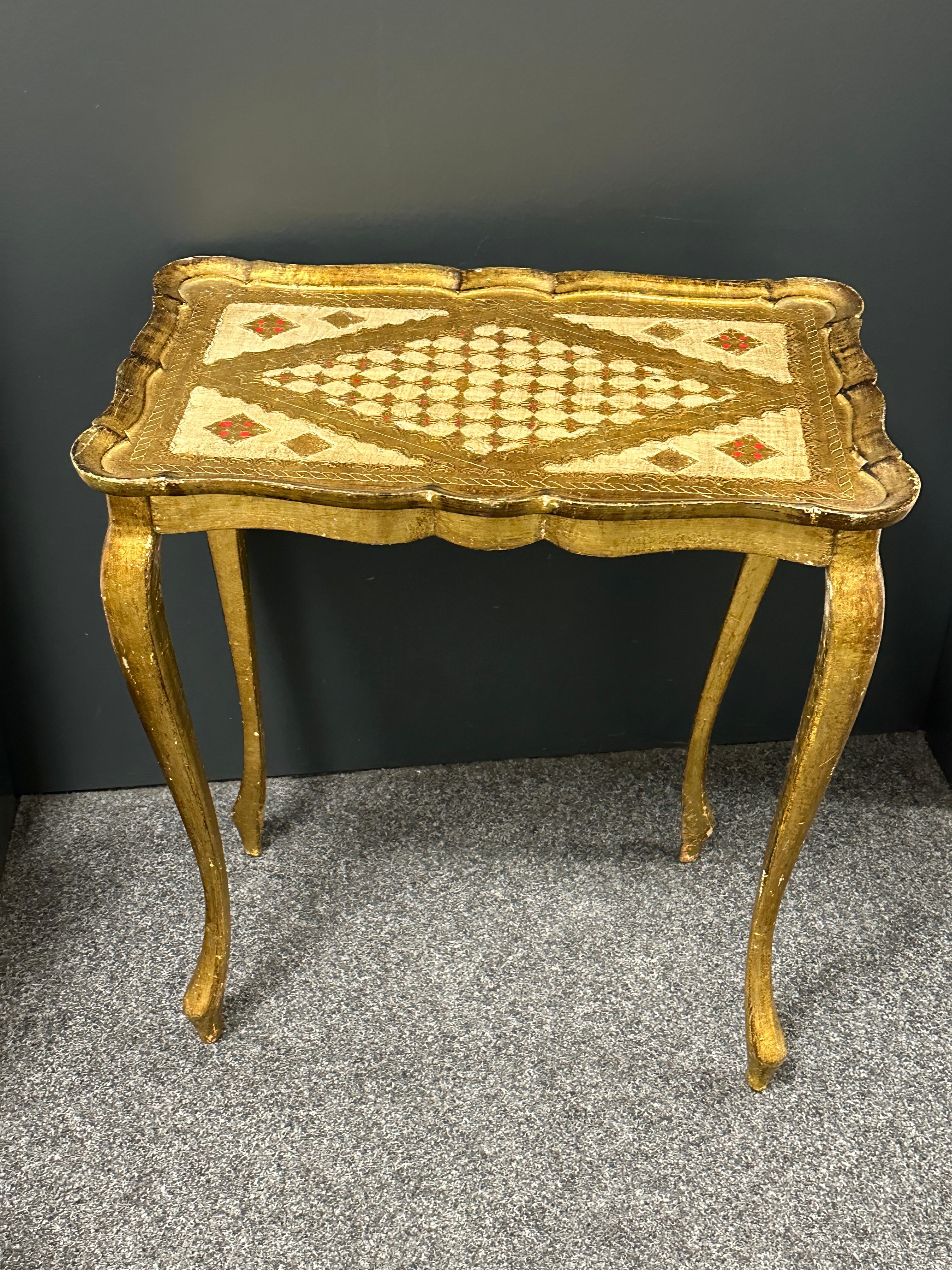 Metal Gilded Wood Florentine Hollywood Regency Style Tole Set of Three Nesting Tables For Sale