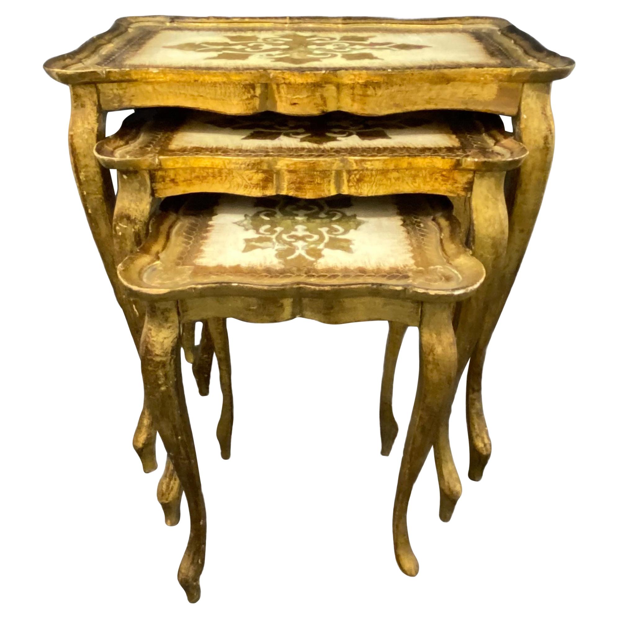 Gilded Wood Florentine Hollywood Regency Style Tole Set of Three Nesting Tables