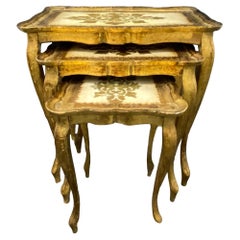 Vintage Gilded Wood Florentine Hollywood Regency Style Tole Set of Three Nesting Tables