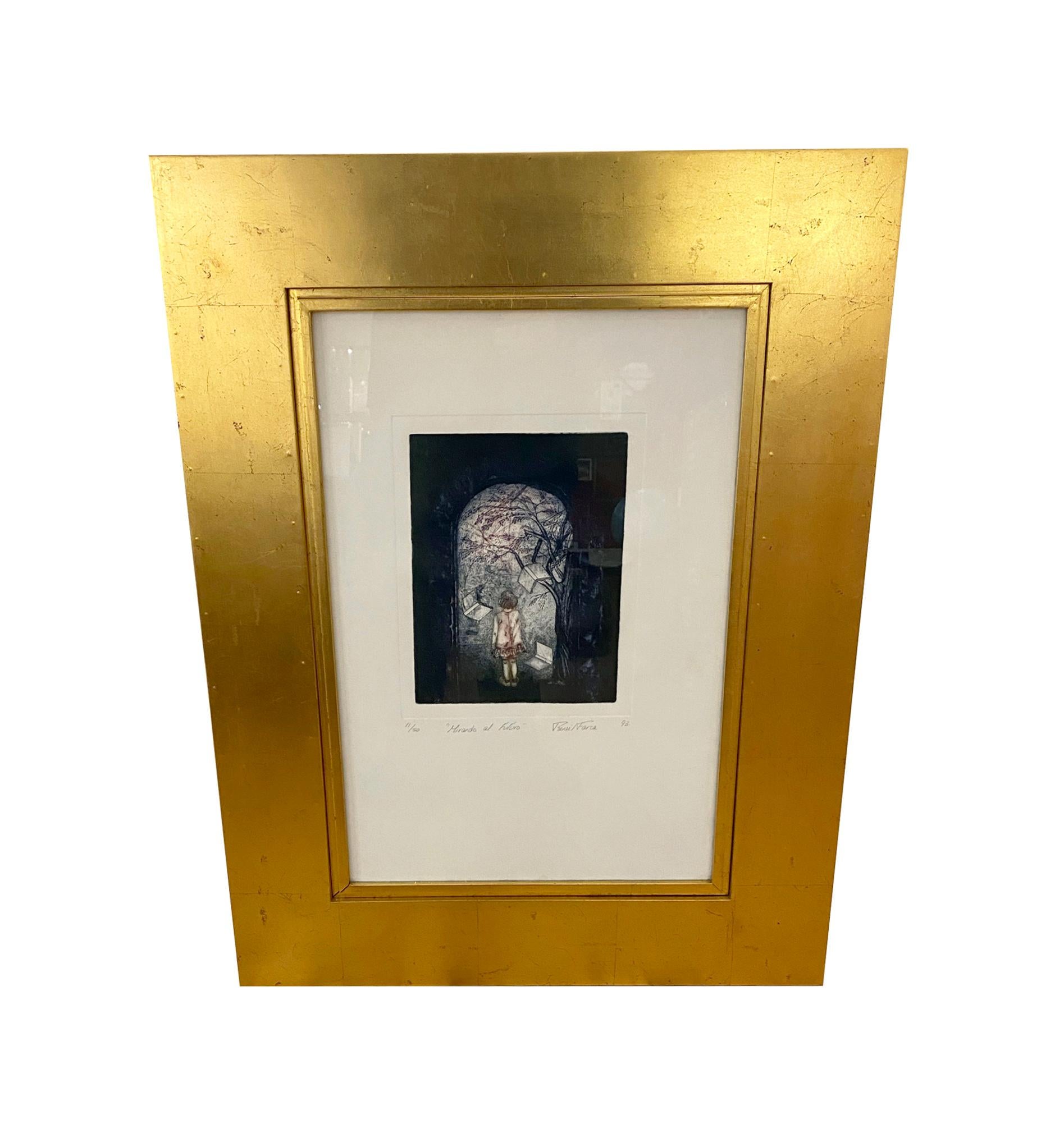 Gilded wood framed Mirando Alfuturo 'Looking into the Future' by Renee Farca, an artist from Mexico. This print is number 11/50. Made in 1993. Please note, this item is located in one of our NYC locations.