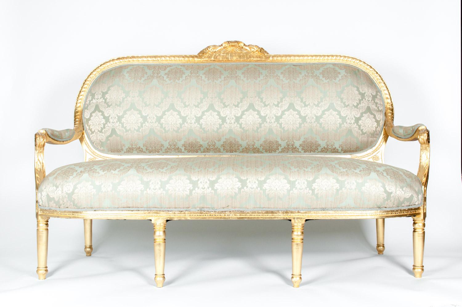 Gilded wood framed Victorian style French settee / sofa . The settee is in good vintage condition & very sturdy with minor gilt wear appropriate with age / use . The upholstery is very immaculate . The settee measure about 67 inches width X 43