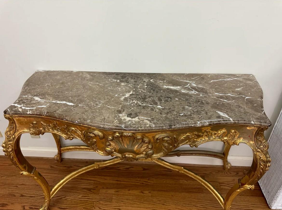 Hand-Carved Gilded Wood & Marble Louis XV Style Console Table For Sale