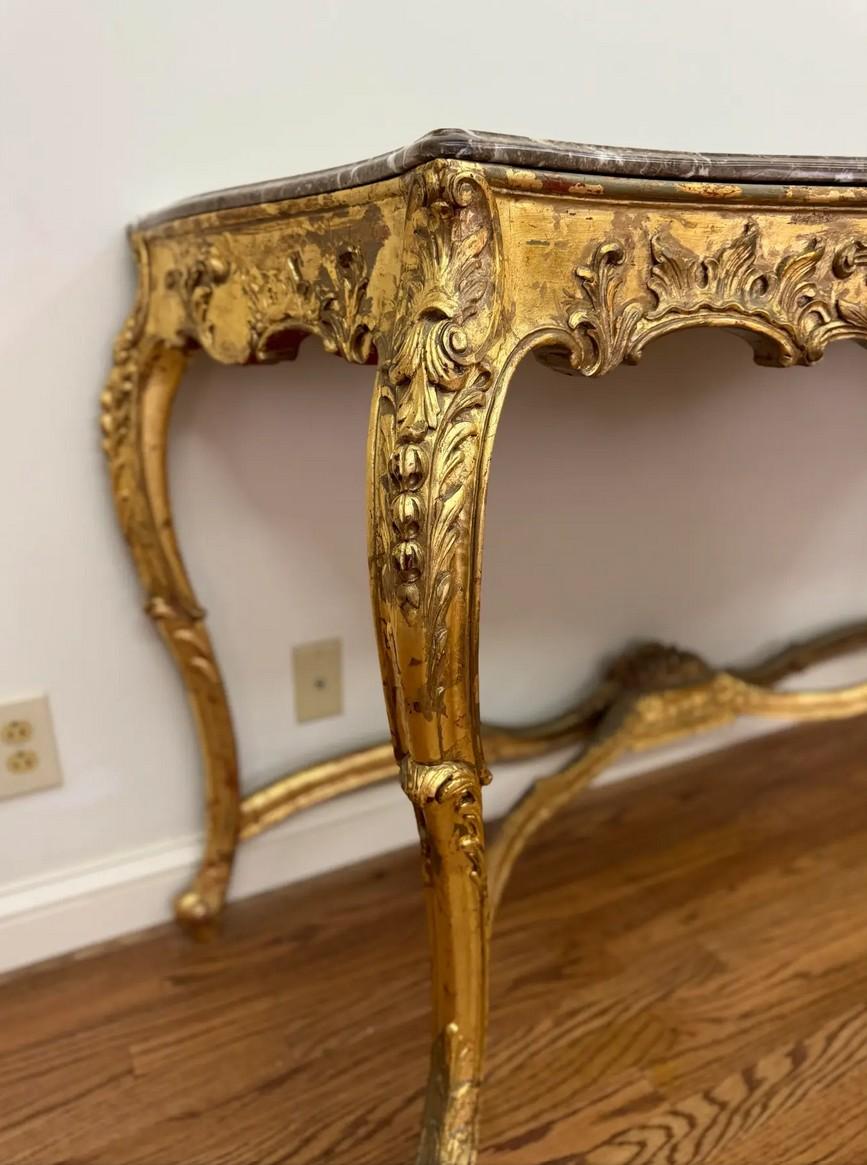 Gilded Wood & Marble Louis XV Style Console Table For Sale 1