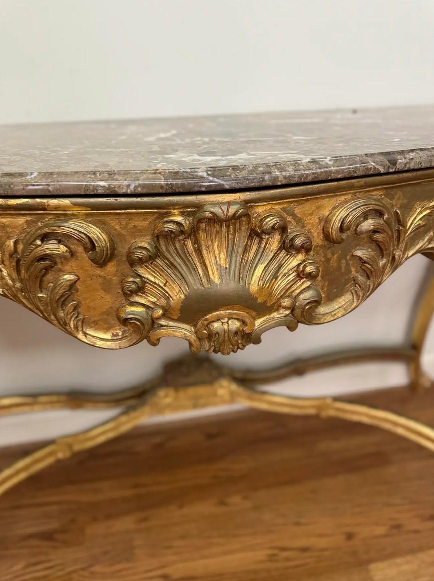 Gilded Wood & Marble Louis XV Style Console Table For Sale 2