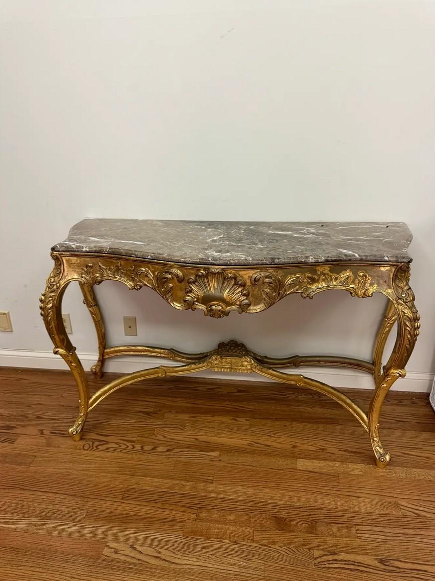 Gilded Wood & Marble Louis XV Style Console Table For Sale 3