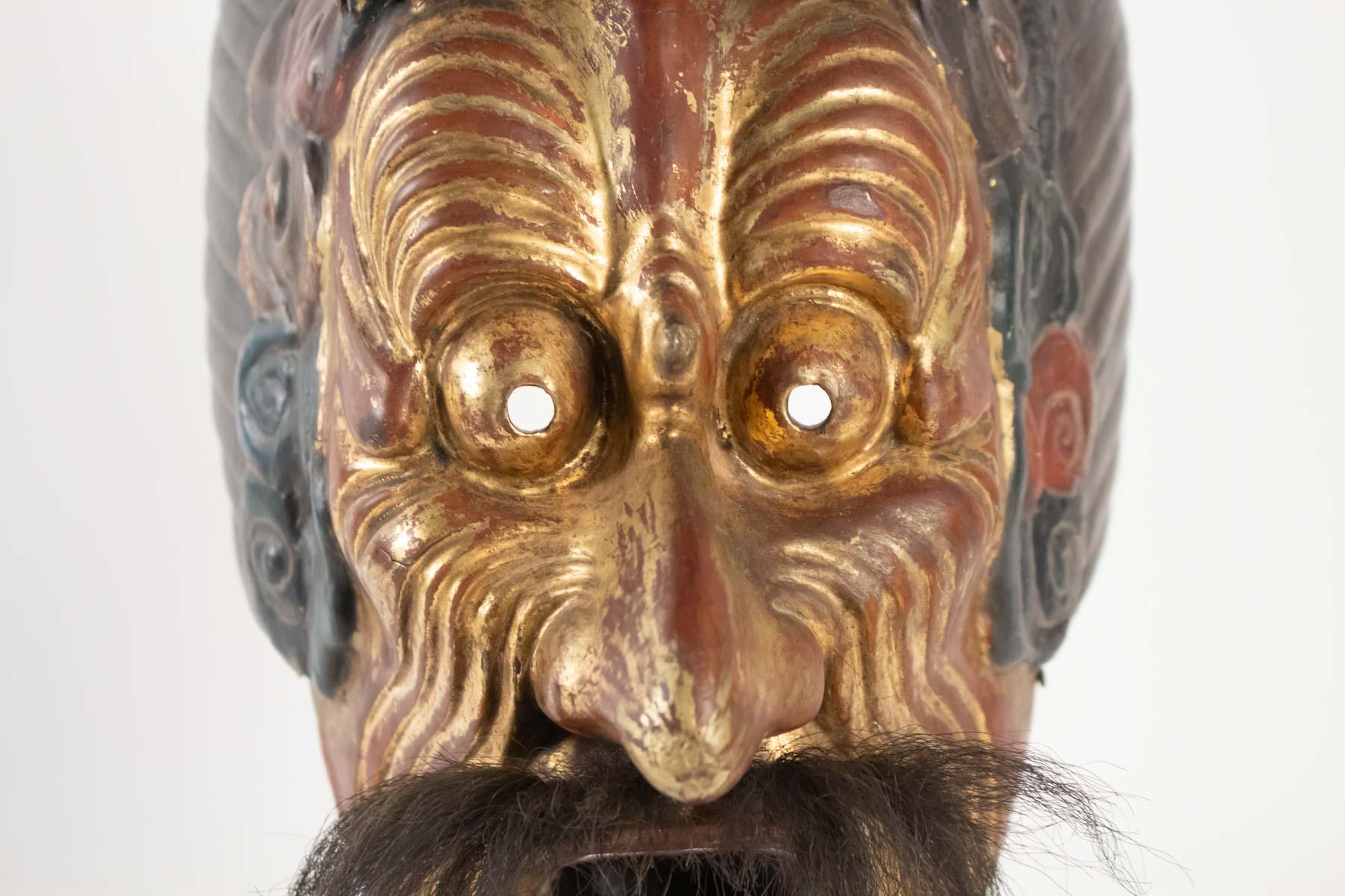 Japonisme Gilded Wood Mask, Polychrome, Japan, Says of the Imperial Dance of Bugaku Dances