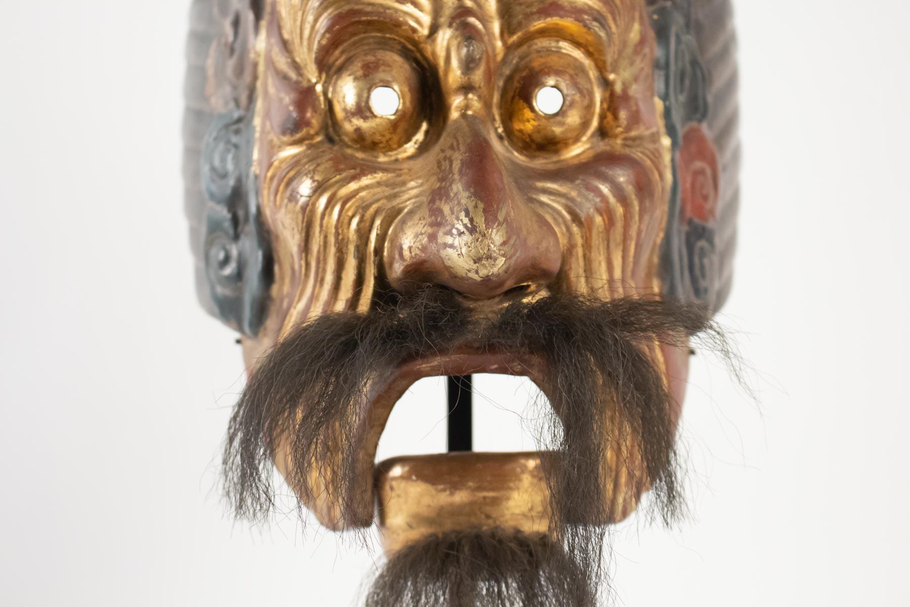 Asian Gilded Wood Mask, Polychrome, Japan, Says of the Imperial Dance of Bugaku Dances