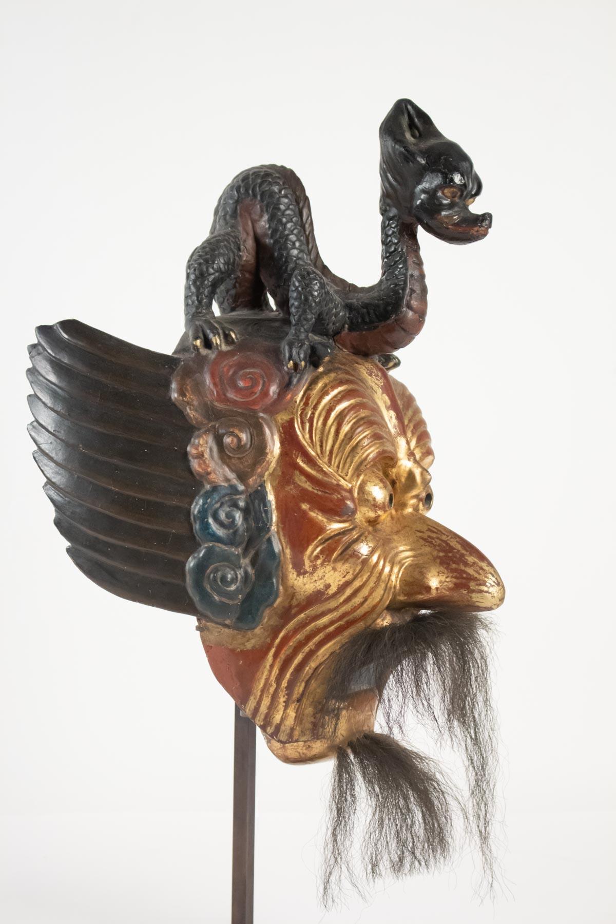 Polychromed Gilded Wood Mask, Polychrome, Japan, Says of the Imperial Dance of Bugaku Dances