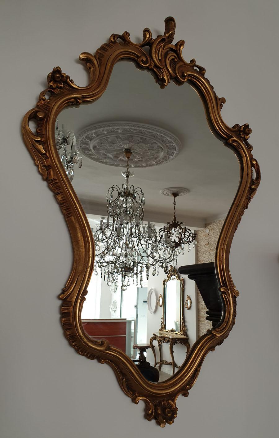 Gilt Gilded Wood Rococo Revival Style Mirror with Rocaille Crown For Sale