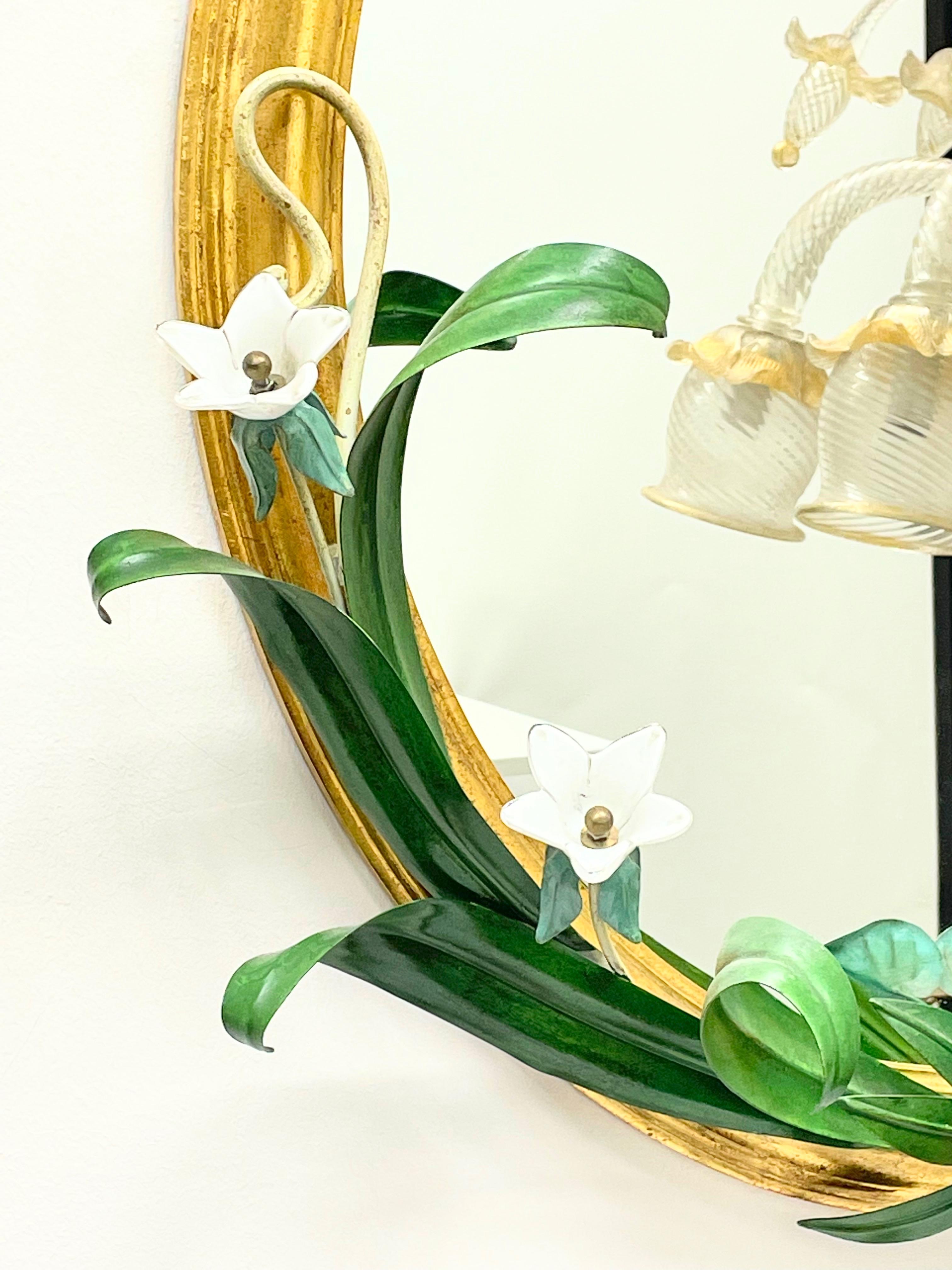Mid-Century Modern Gilded Wood Toleware Mirror with Metal Leaf and Glass Flowers Vintage Italy For Sale
