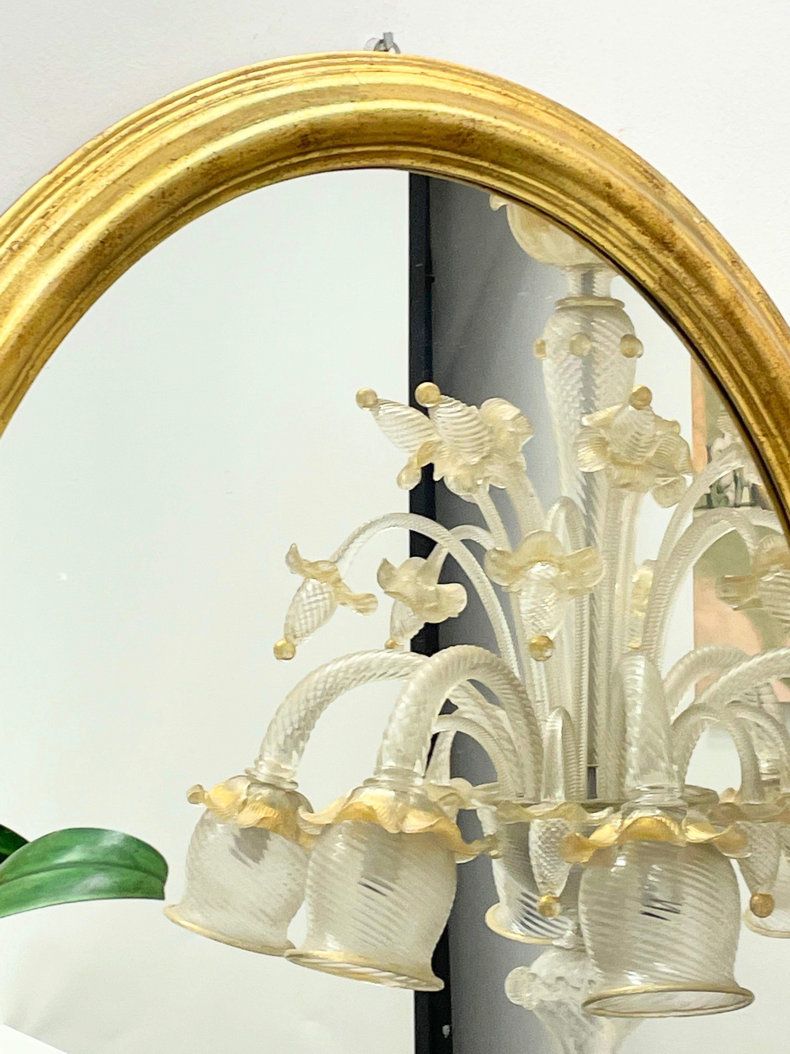 Mid-20th Century Gilded Wood Toleware Mirror with Metal Leaf and Glass Flowers Vintage Italy For Sale