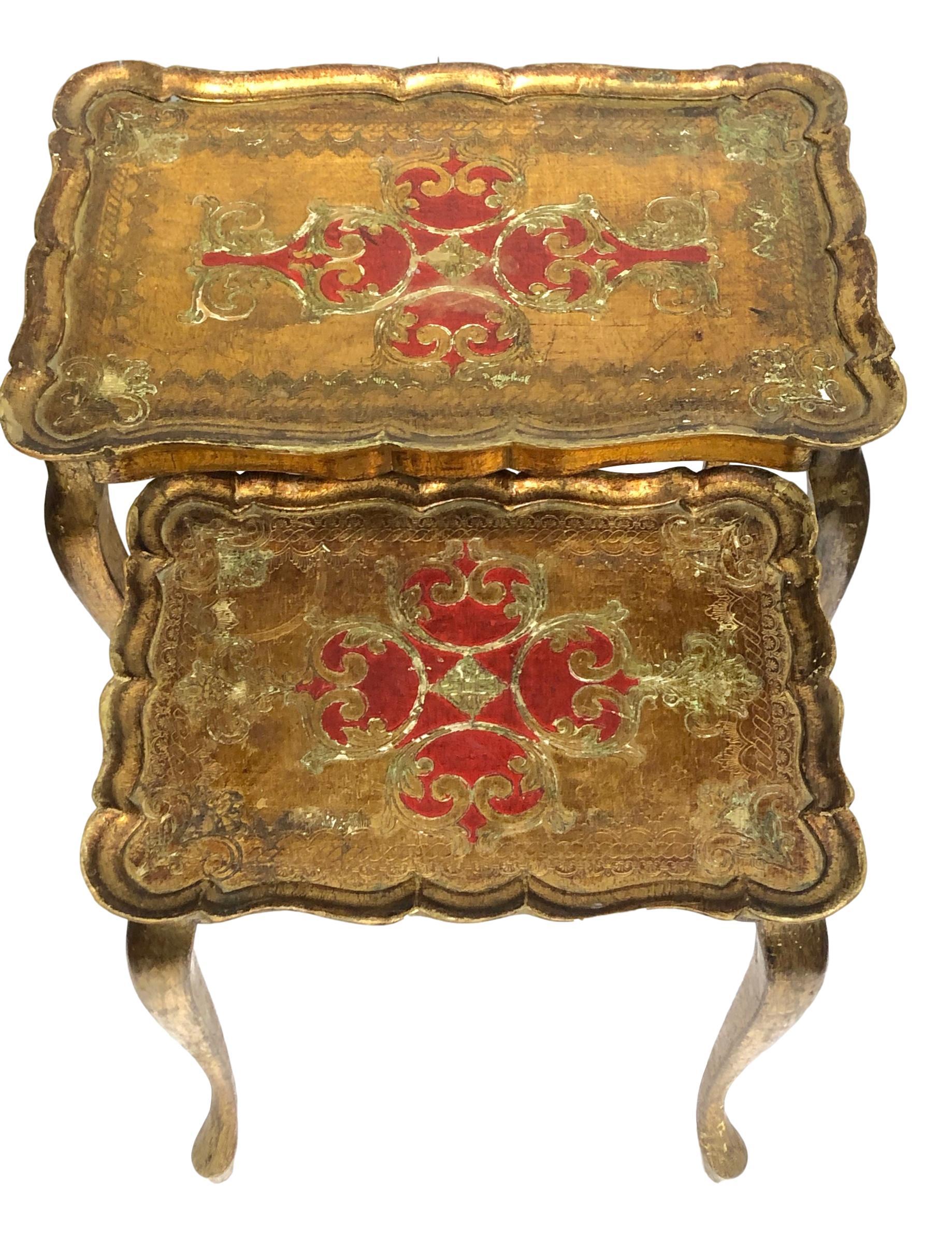 Italian Gilded Wood Toleware Tole Set of two Nesting Tables Hollywood Regency Style