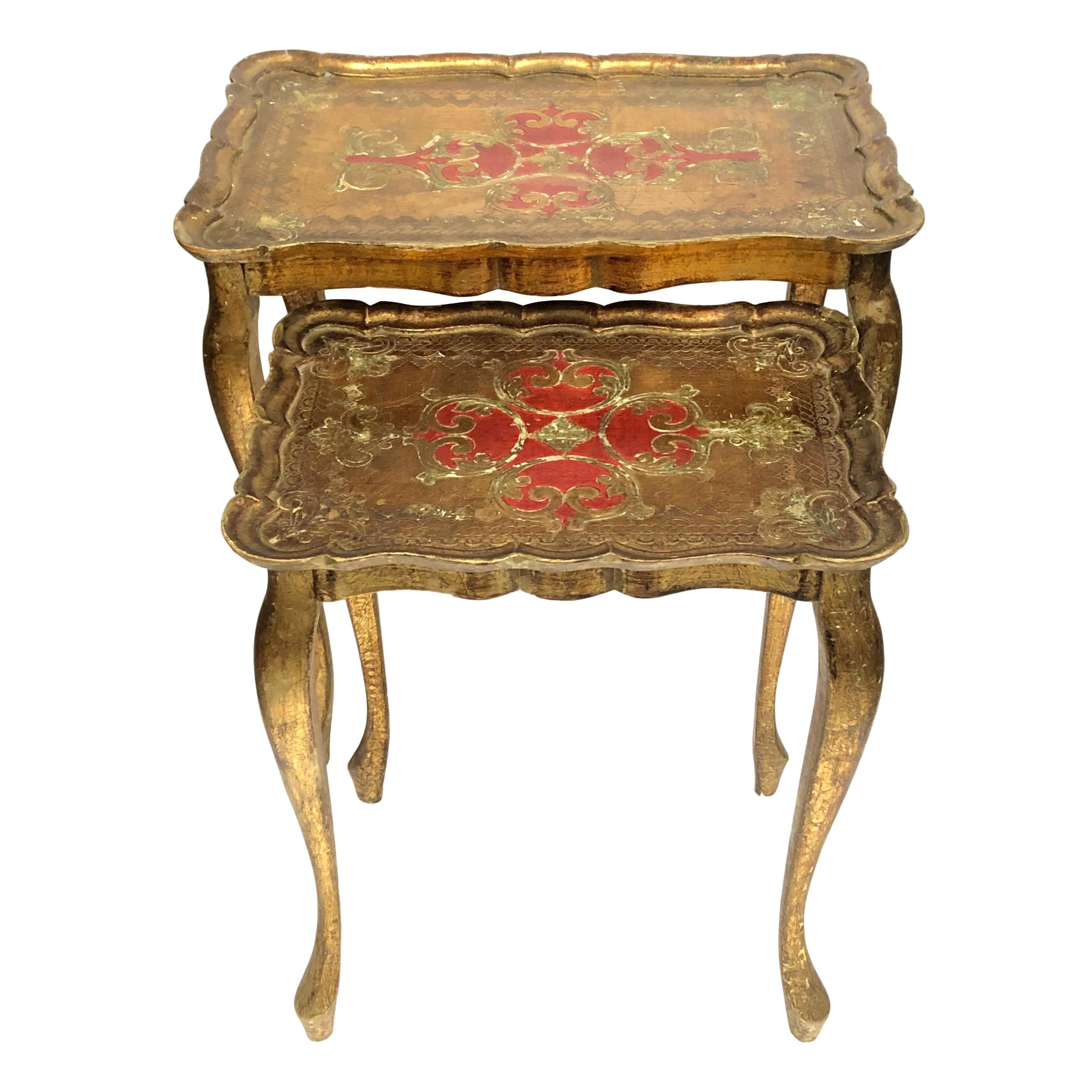 Gilded Wood Toleware Tole Set of two Nesting Tables Hollywood Regency Style