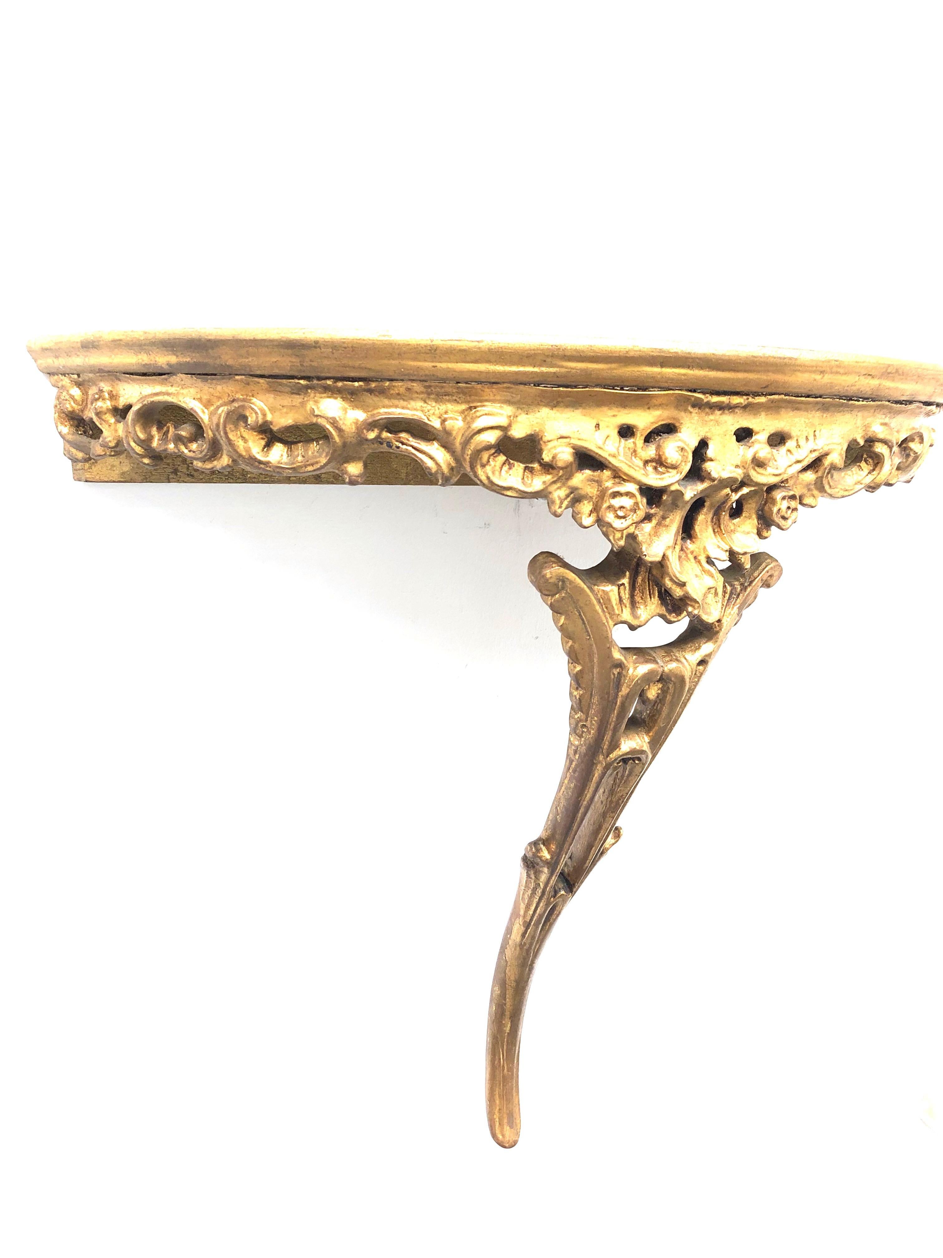 Mid-Century Modern Gilded Wood Toleware Wall Mount Console Hollywood Regency Style, Vintage Italy