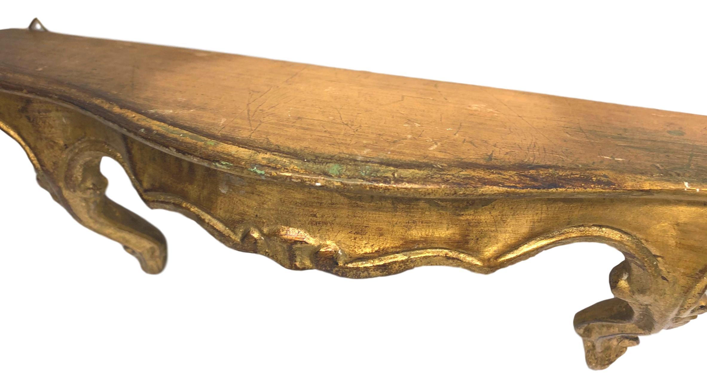 Mid-Century Modern Gilded Wood Toleware Wall Mount Console Hollywood Regency Style, Vintage Italy