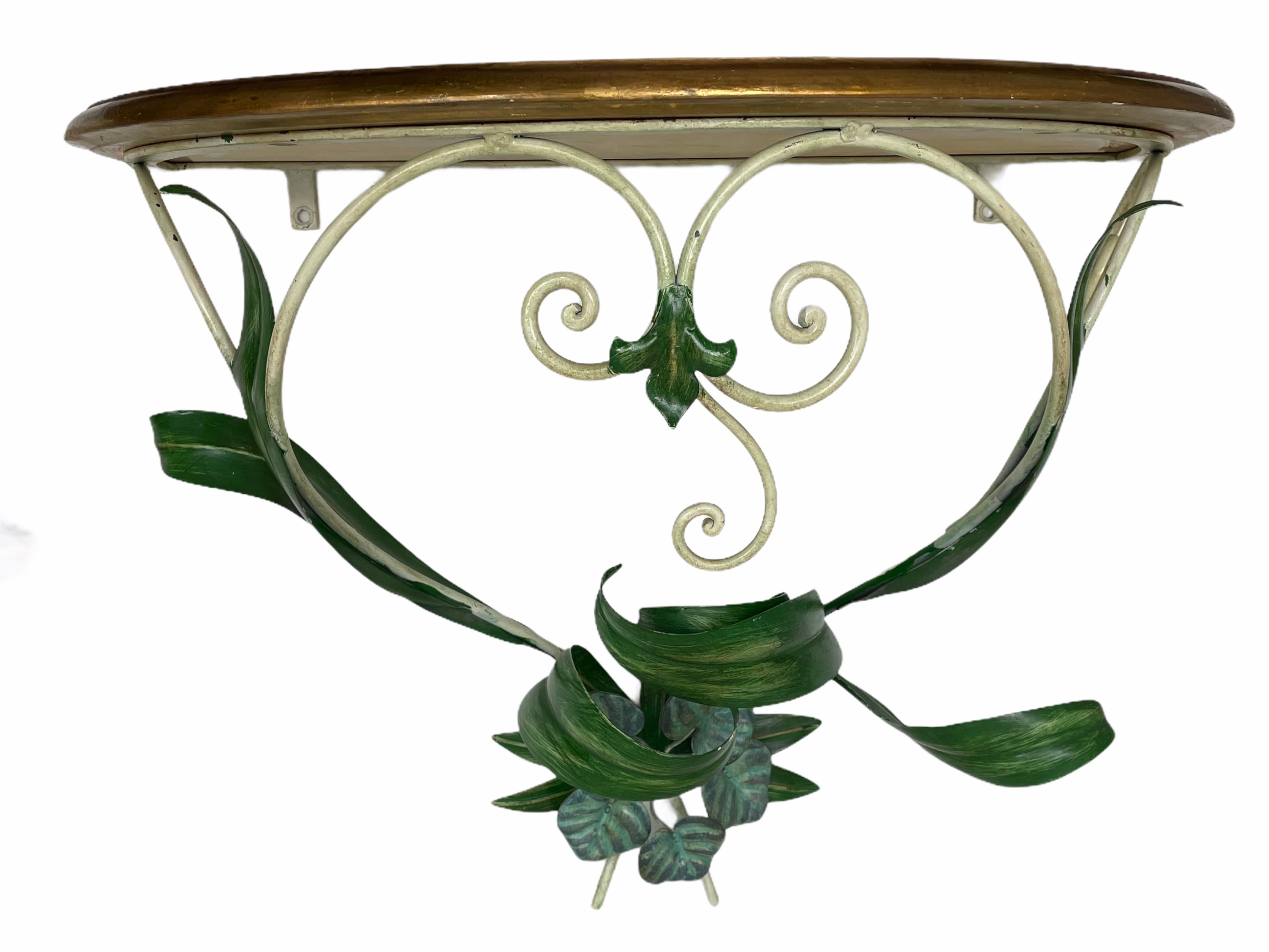 Metal Gilded Wood Toleware Wall Mount Console Hollywood Regency Style, Vintage Italy For Sale