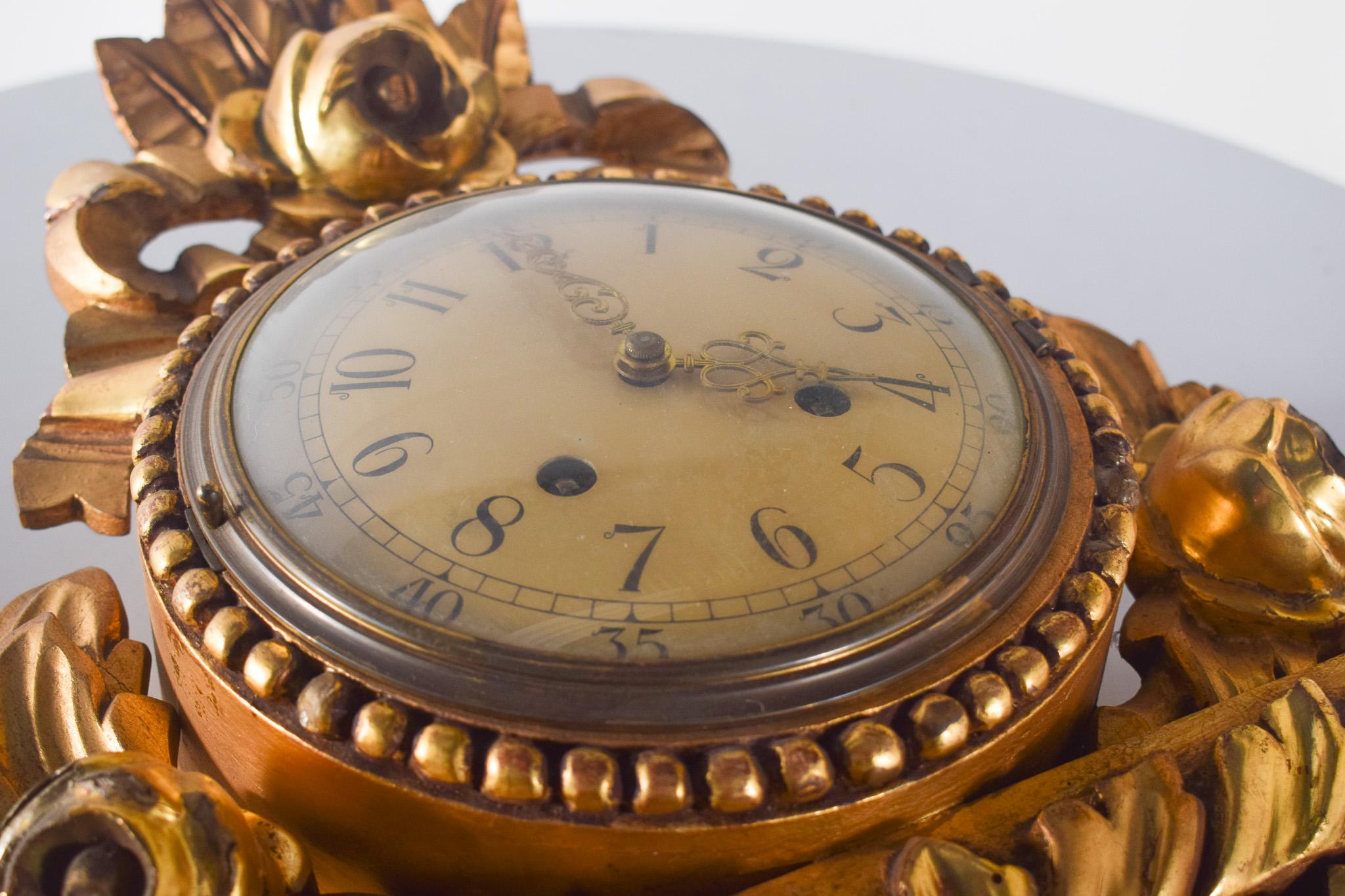 Swedish Gilded Wood Wall Clock with Andreas Svensson Dial, Malmo For Sale