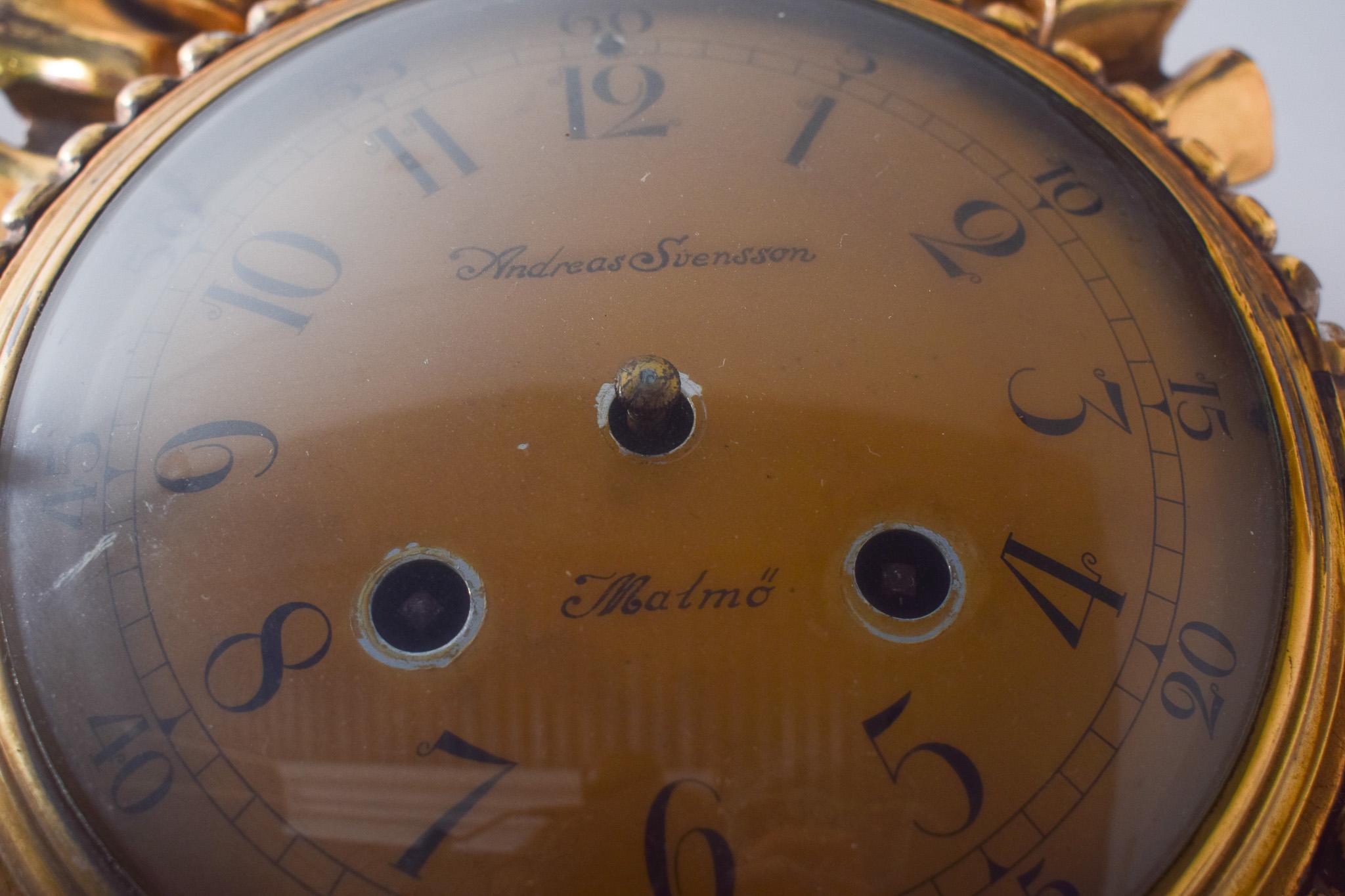 20th Century Gilded Wood Wall Clock with Andreas Svensson Dial, Malmo. For Sale