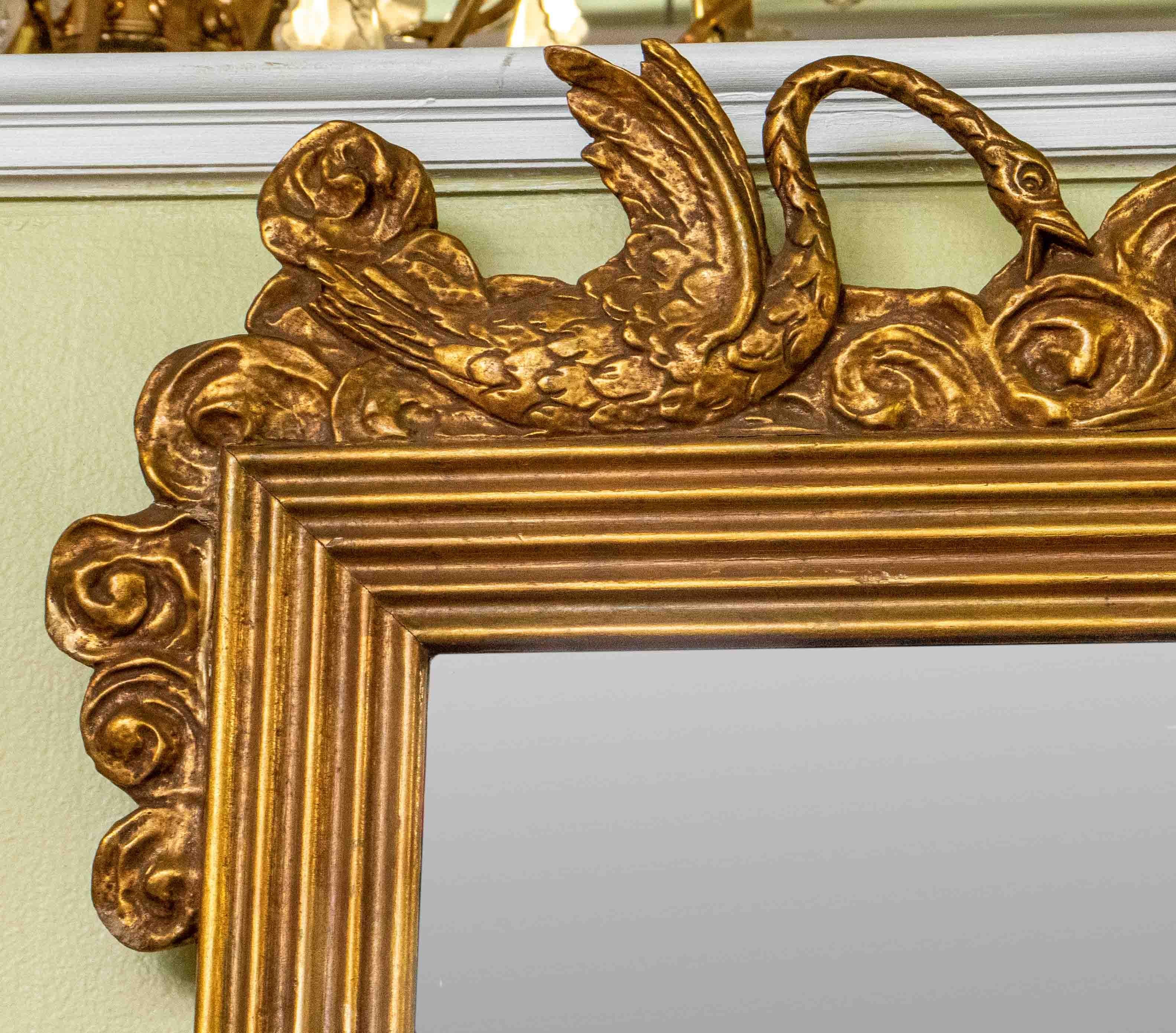 Art Deco Gilded Wood Wall Mirror with Swan & Cloud Decoration