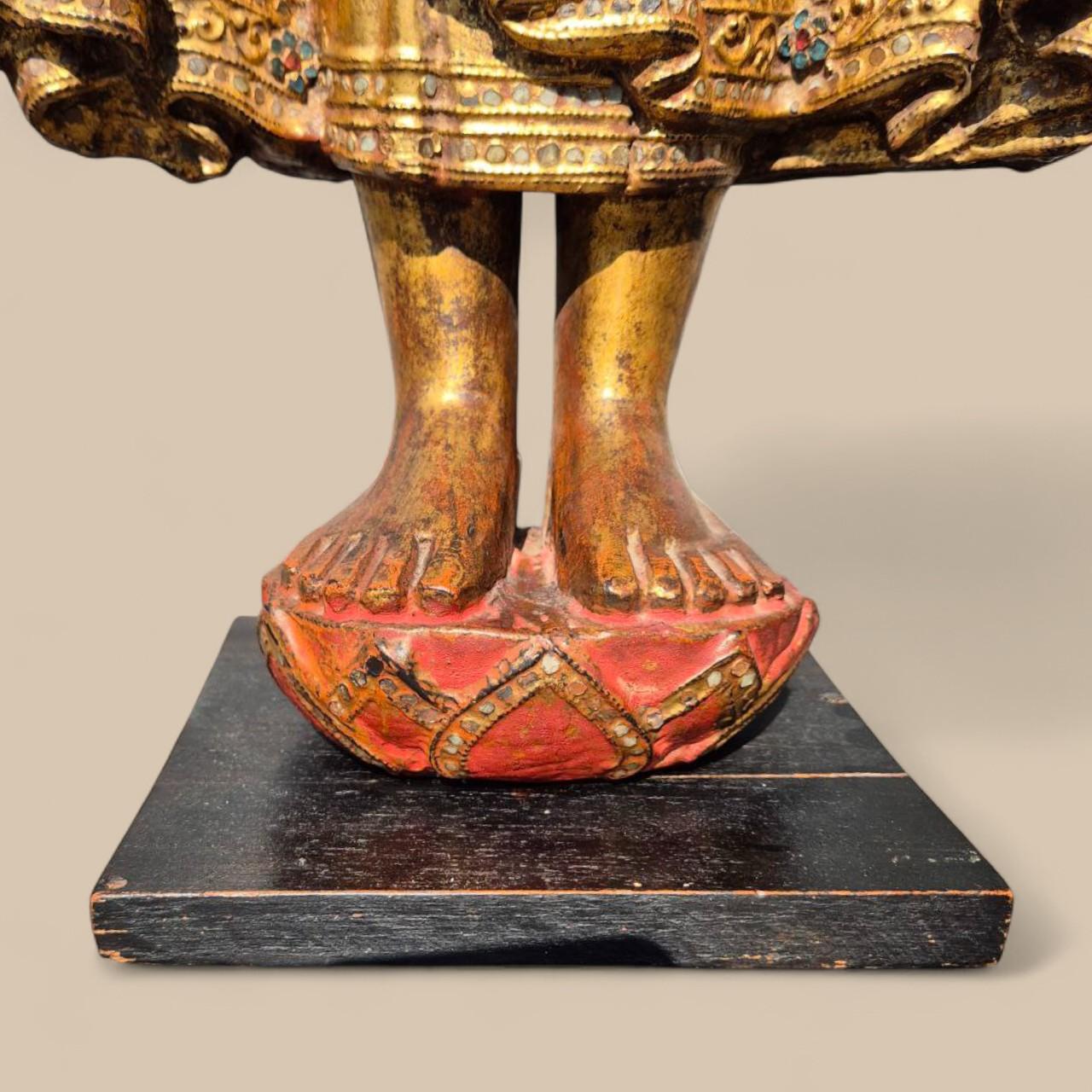 Gilded Wooden Buddha with Stone Inlays – Early 20th Century, Burma For Sale 4