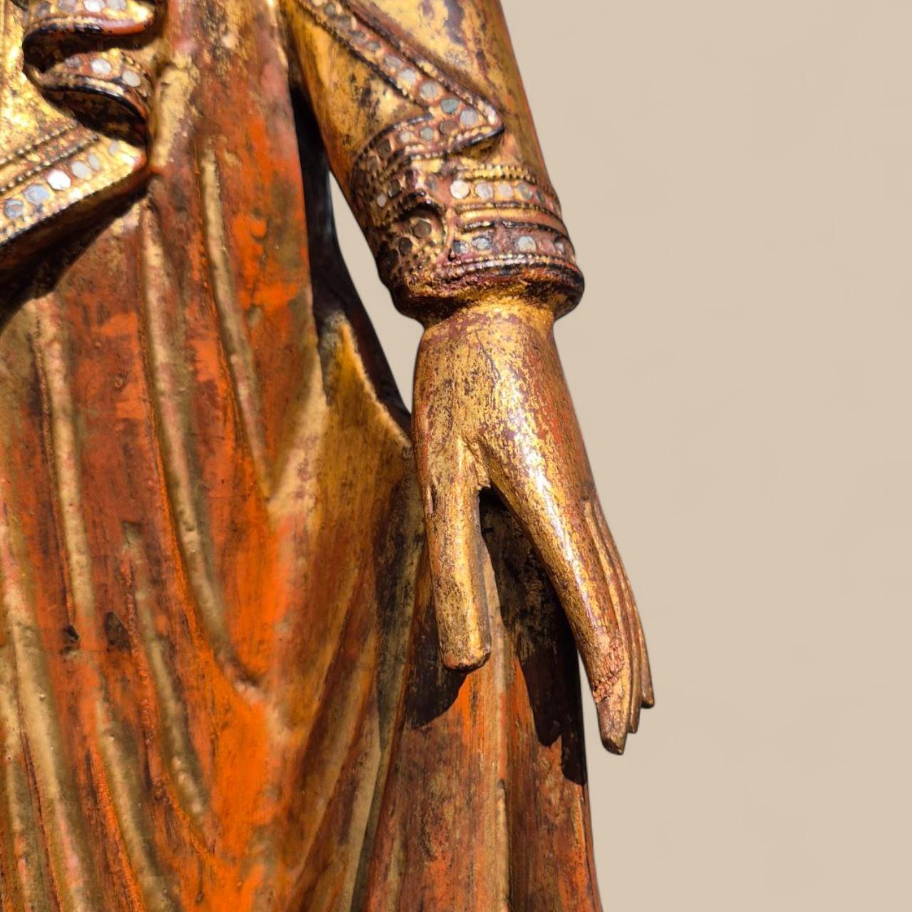 Gilded Wooden Buddha with Stone Inlays – Early 20th Century, Burma For Sale 5