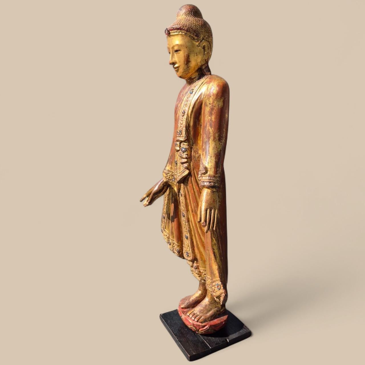 Gilded Wooden Buddha with Stone Inlays – Early 20th Century, Burma For Sale 6