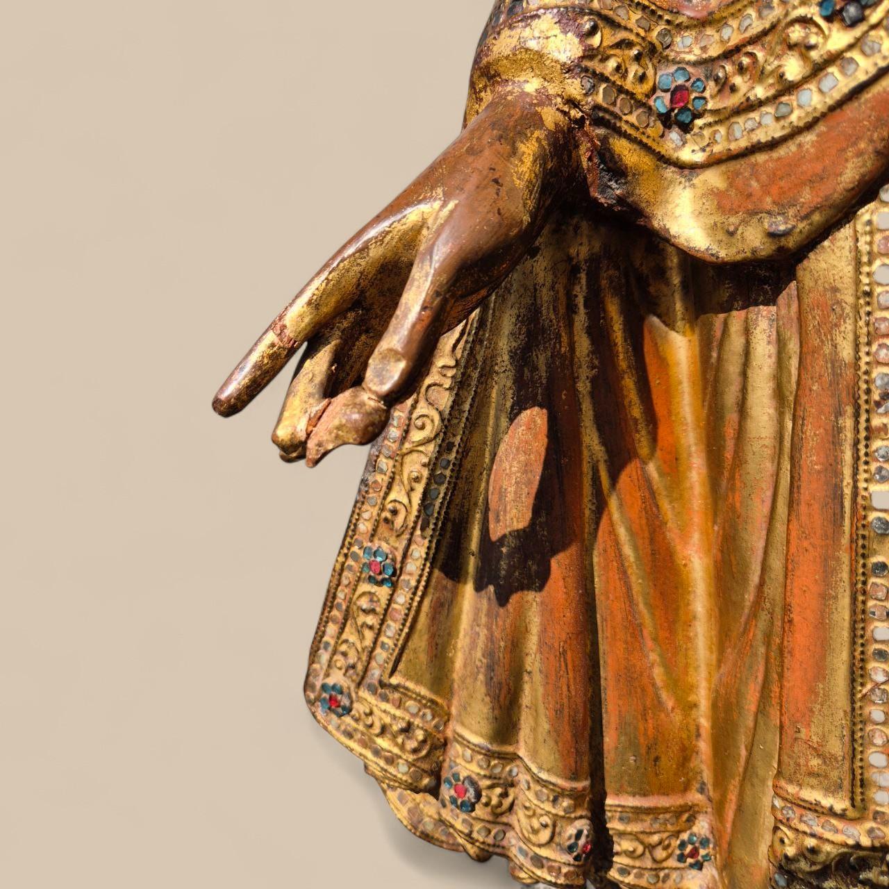 Gilded Wooden Buddha with Stone Inlays – Early 20th Century, Burma For Sale 7