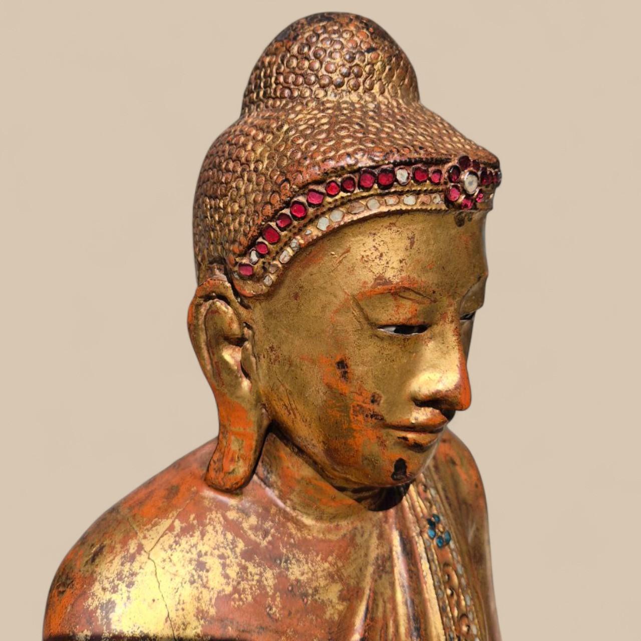 Gilded Wooden Buddha with Stone Inlays – Early 20th Century, Burma For Sale 8