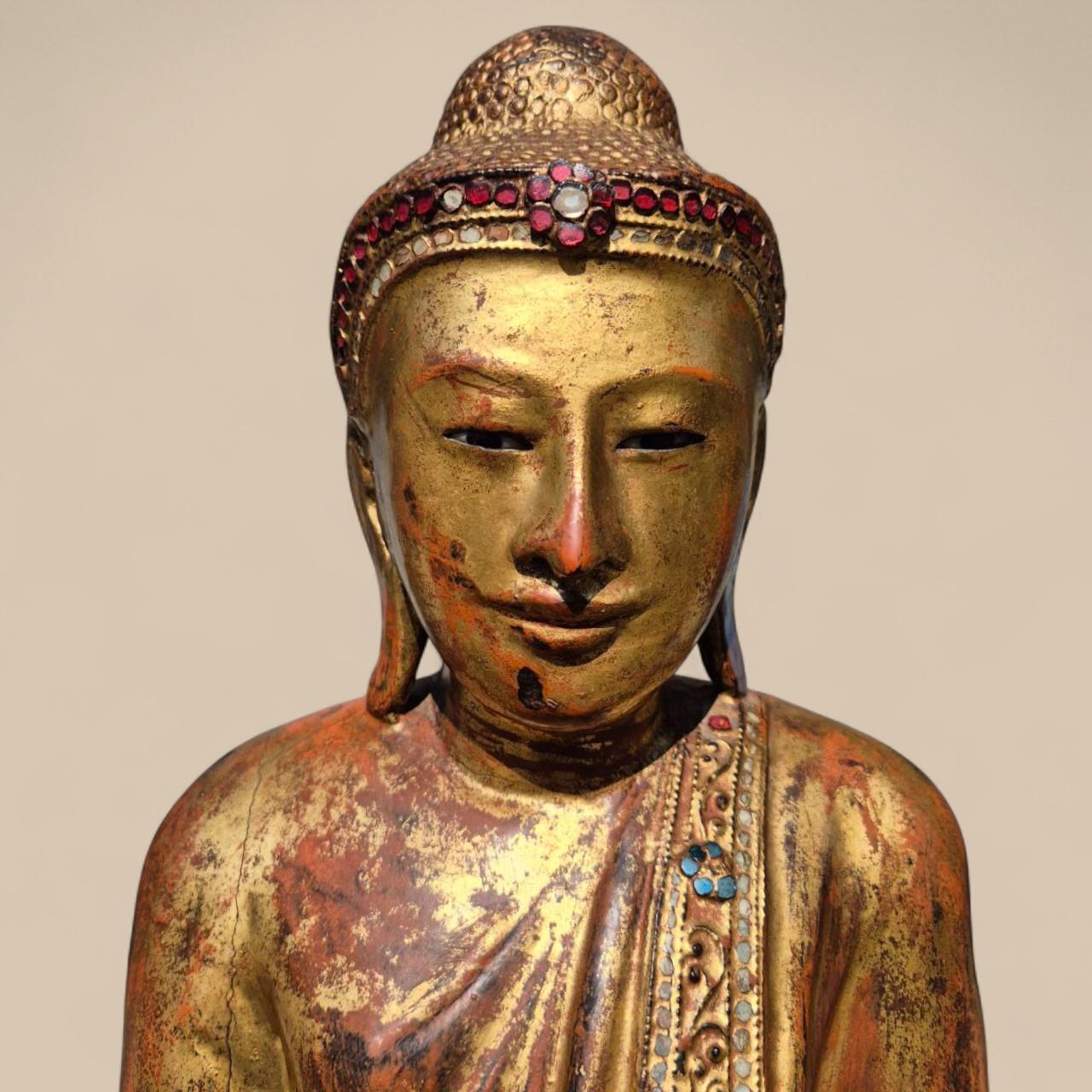 Gilded Wooden Buddha with Stone Inlays – Early 20th Century, Burma For Sale 9
